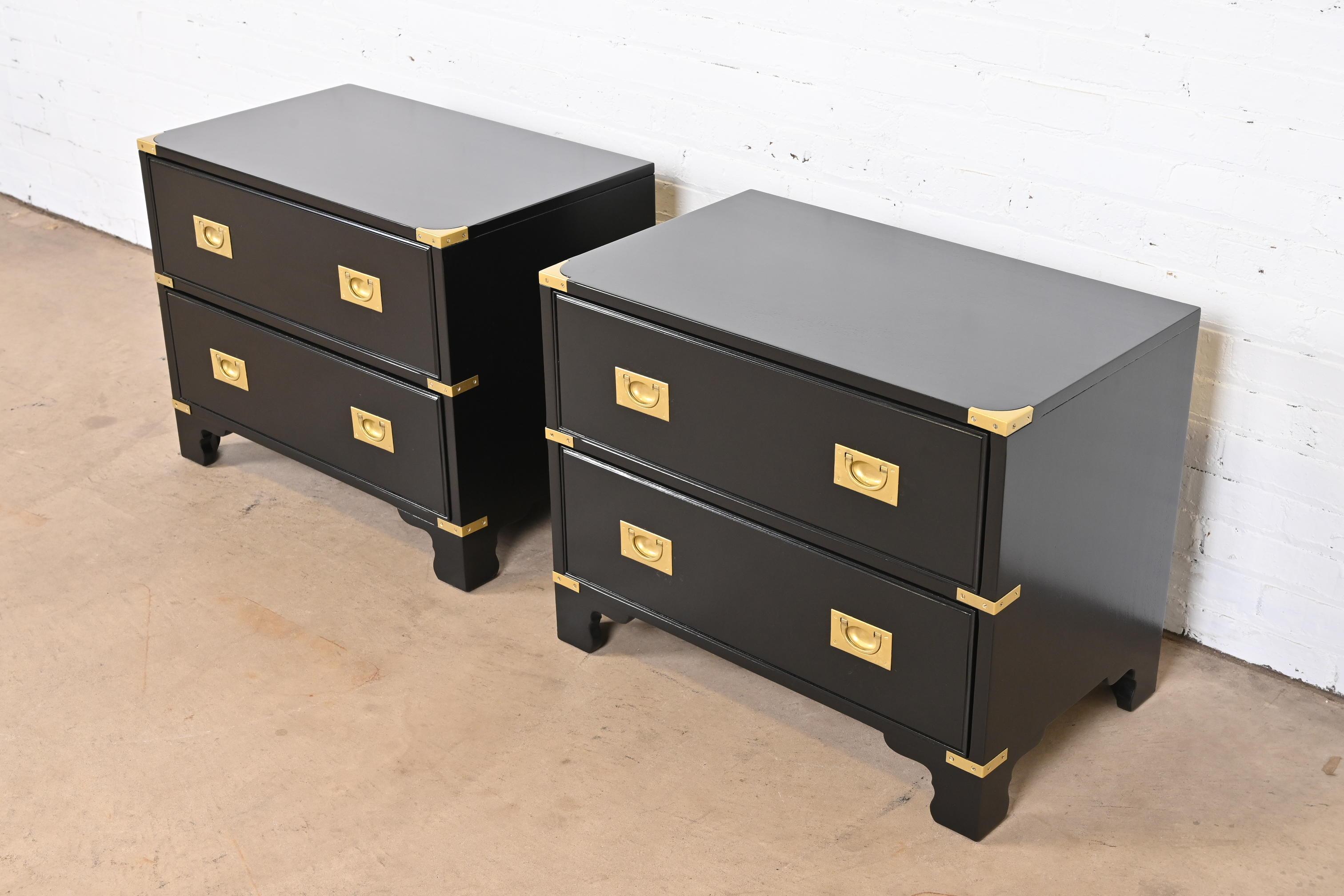 Late 20th Century Drexel Heritage Hollywood Regency Campaign Black Lacquered Nightstands, Pair