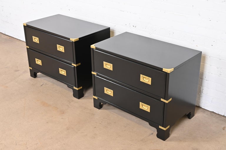 Late 20th Century Drexel Heritage Hollywood Regency Campaign Black Lacquered Nightstands, Pair
