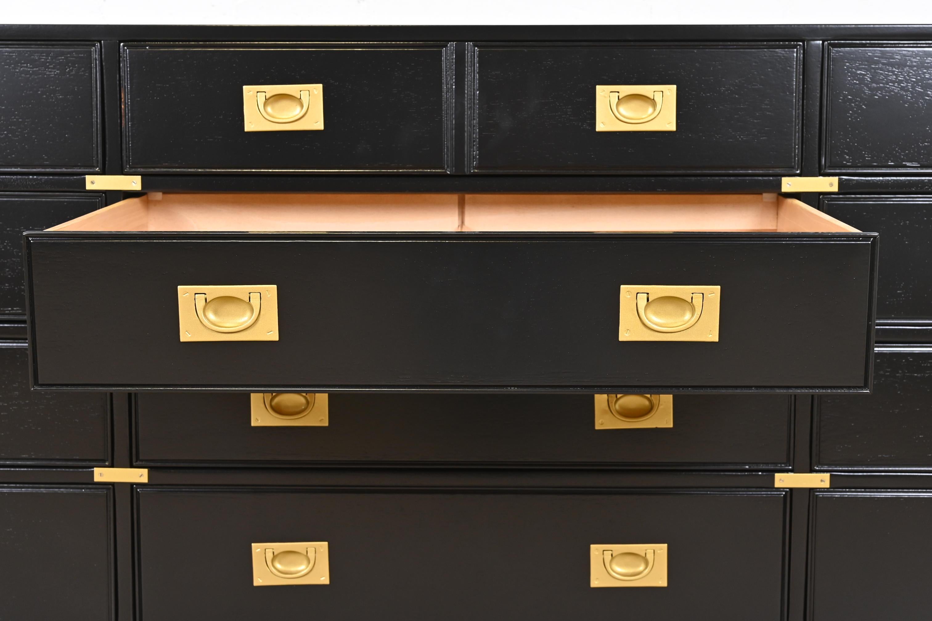 Drexel Heritage Hollywood Regency Campaign Black Lacquered Twelve-Drawer Dresser For Sale 1