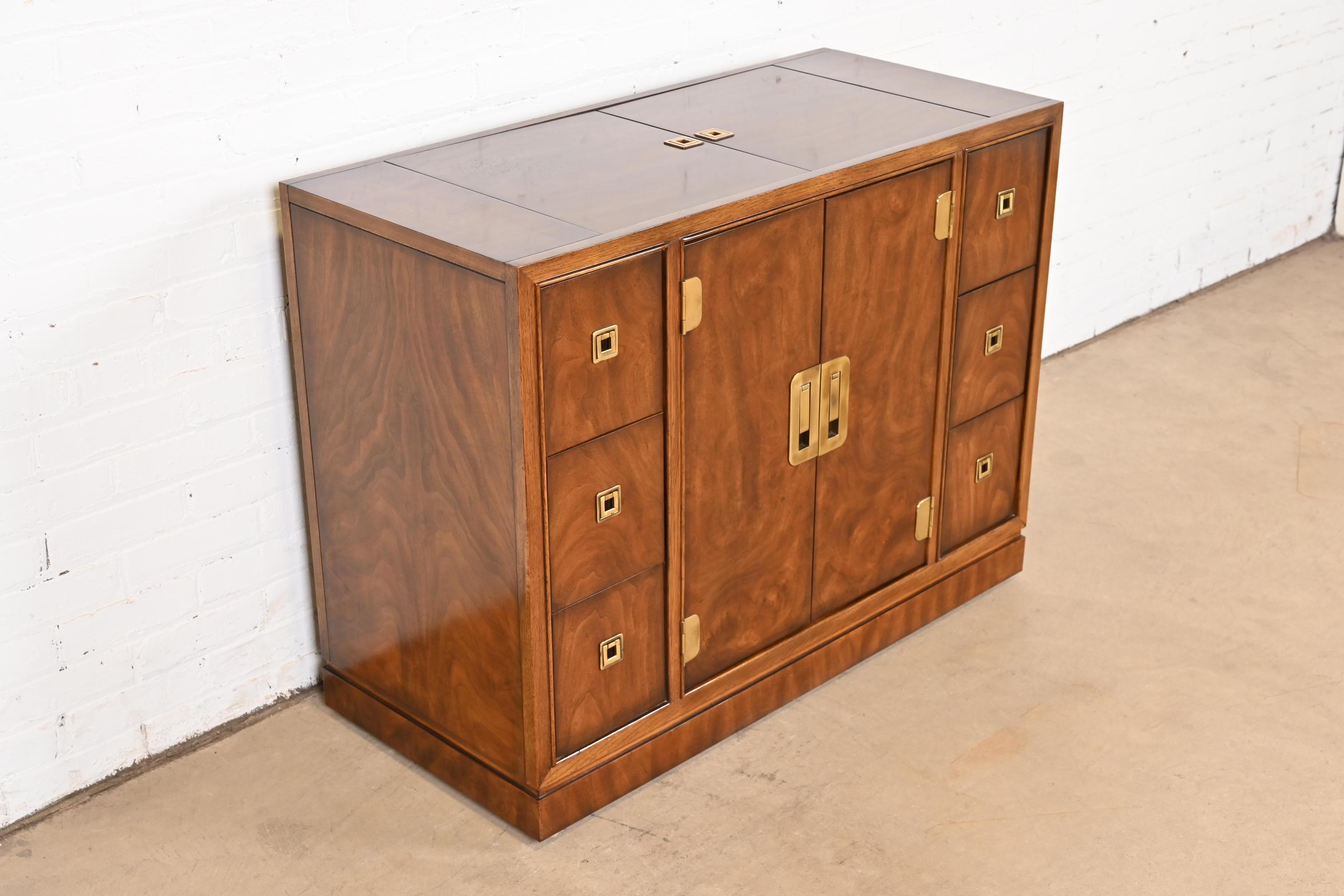 Drexel Heritage Hollywood Regency Campaign Burled Mahogany Flip Top Bar Cart 1
