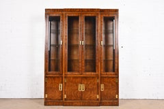 Drexel Heritage Hollywood Regency Campaign Burled Mahogany Lighted Bookcase