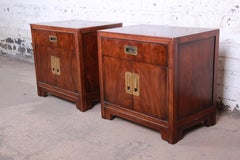 Drexel Heritage Hollywood Regency Campaign Style Burled Walnut Nightstands, Pair