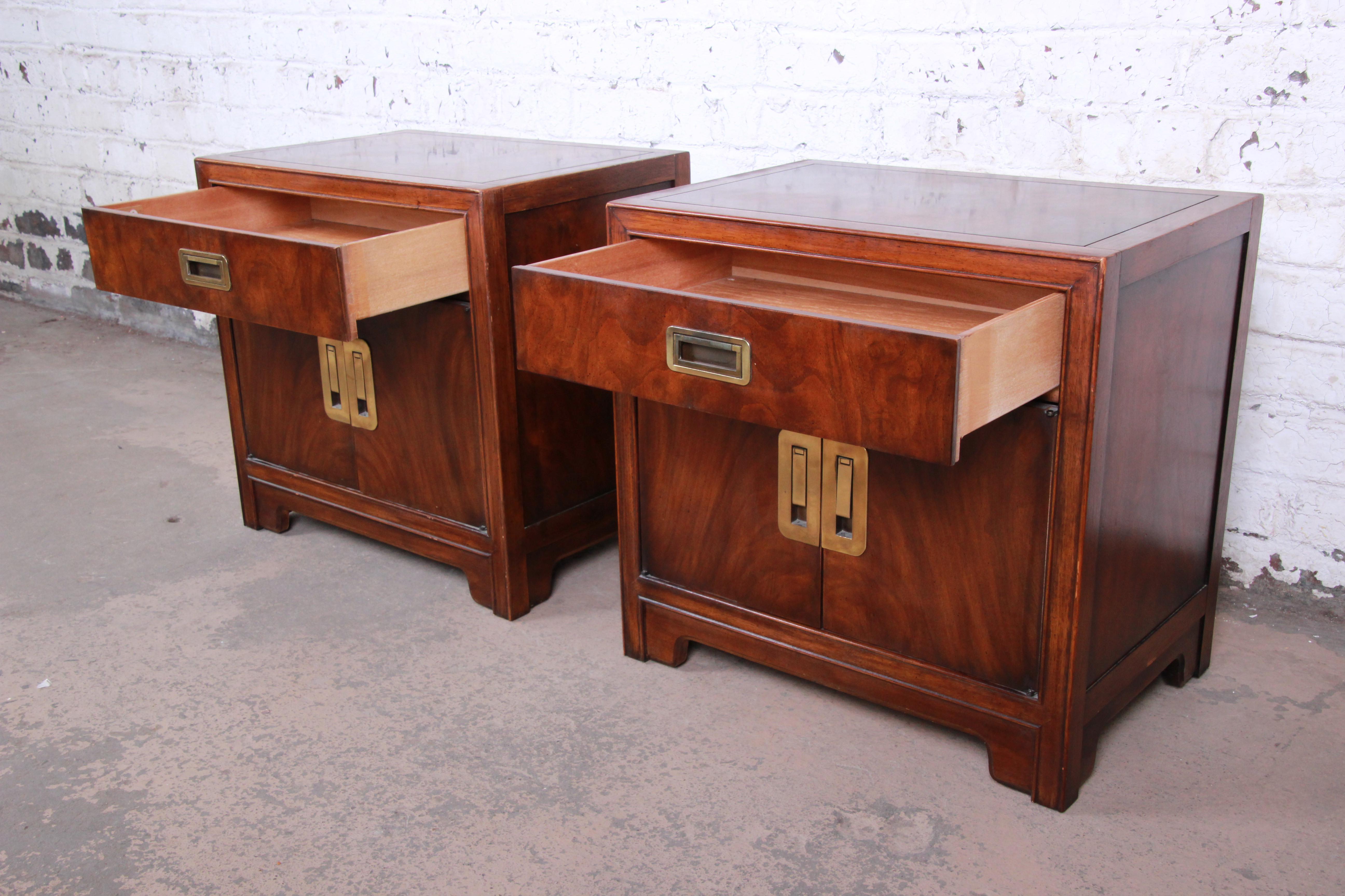 Late 20th Century Drexel Heritage Hollywood Regency Campaign Style Burled Walnut Nightstands, Pair