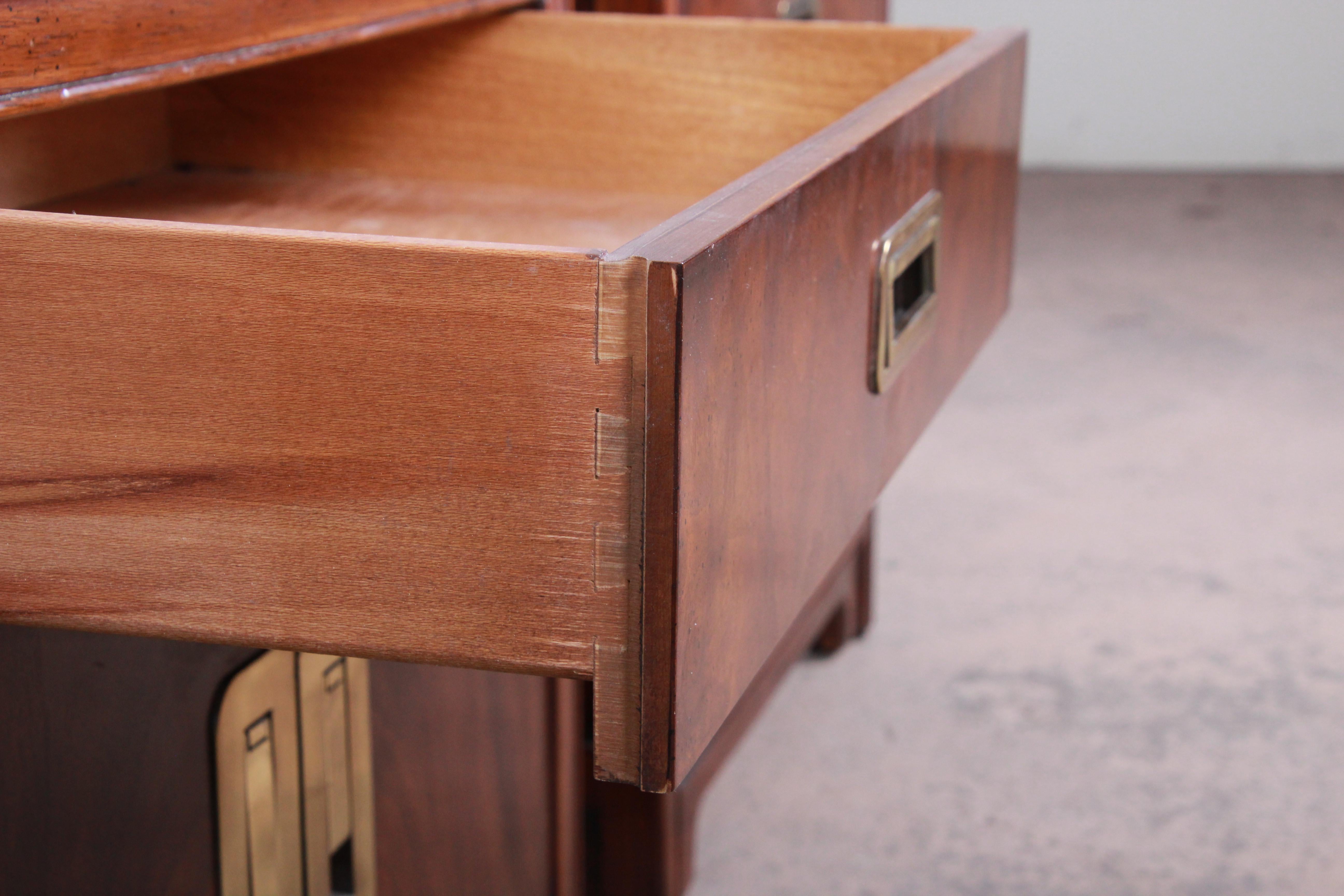 Late 20th Century Drexel Heritage Hollywood Regency Campaign Style Burled Walnut Nightstands, Pair