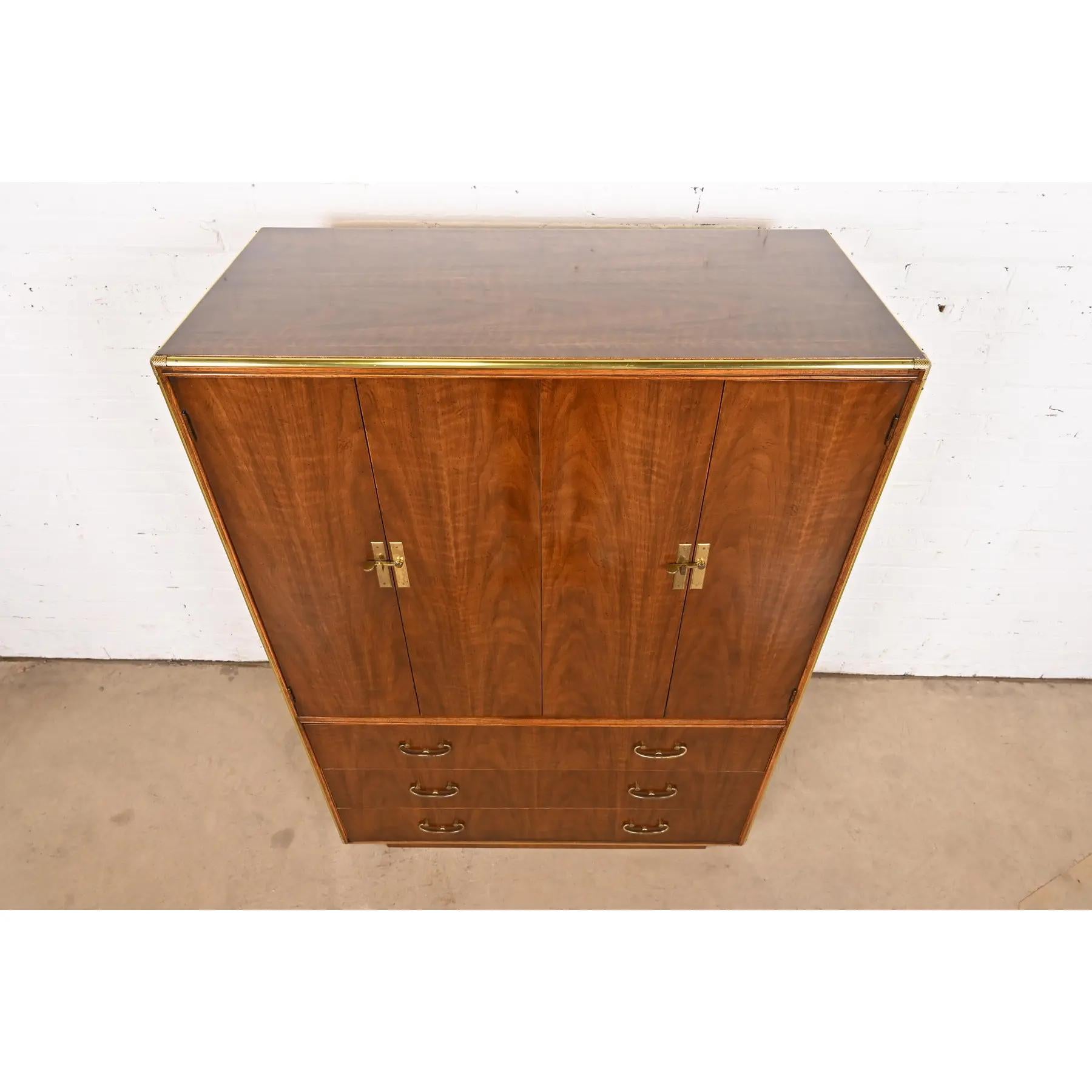 Drexel Heritage Hollywood Regency Campaign Walnut and Brass Gentleman's Chest For Sale 4