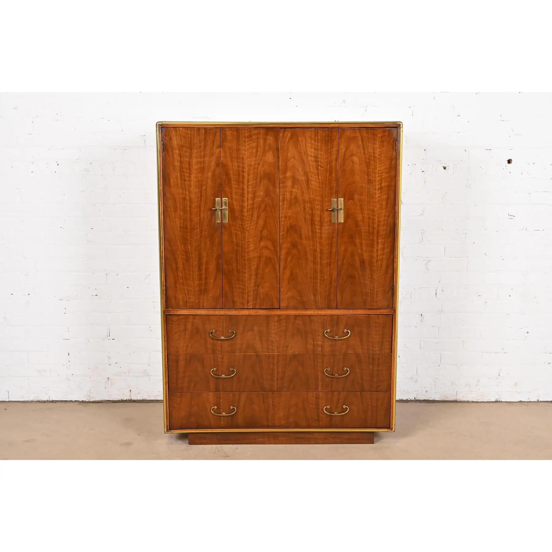 Mid-Century Modern Drexel Heritage Hollywood Regency Campaign Walnut and Brass Gentleman's Chest For Sale
