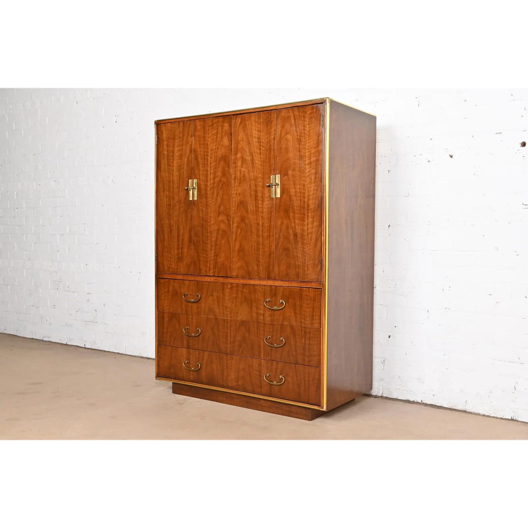 American Drexel Heritage Hollywood Regency Campaign Walnut and Brass Gentleman's Chest For Sale
