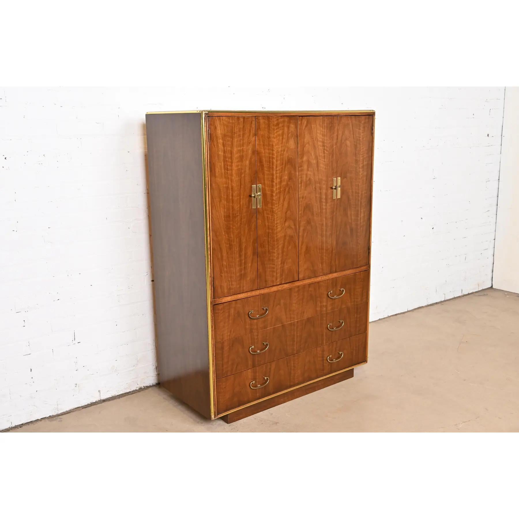 Drexel Heritage Hollywood Regency Campaign Walnut and Brass Gentleman's Chest In Good Condition For Sale In South Bend, IN