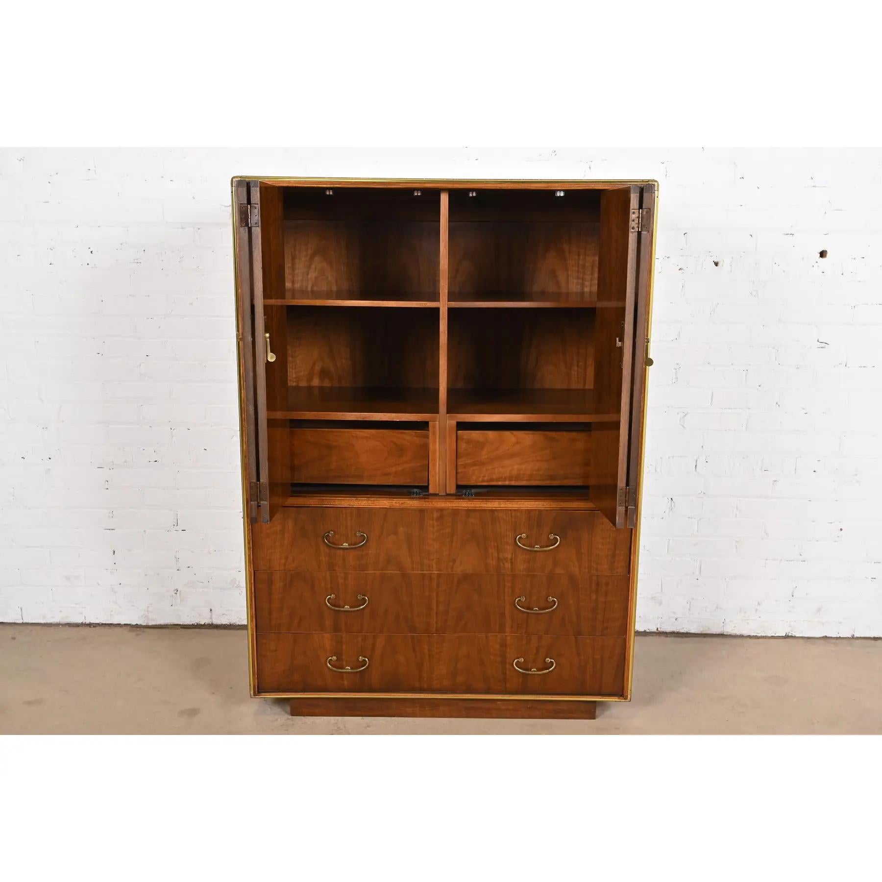 Late 20th Century Drexel Heritage Hollywood Regency Campaign Walnut and Brass Gentleman's Chest For Sale