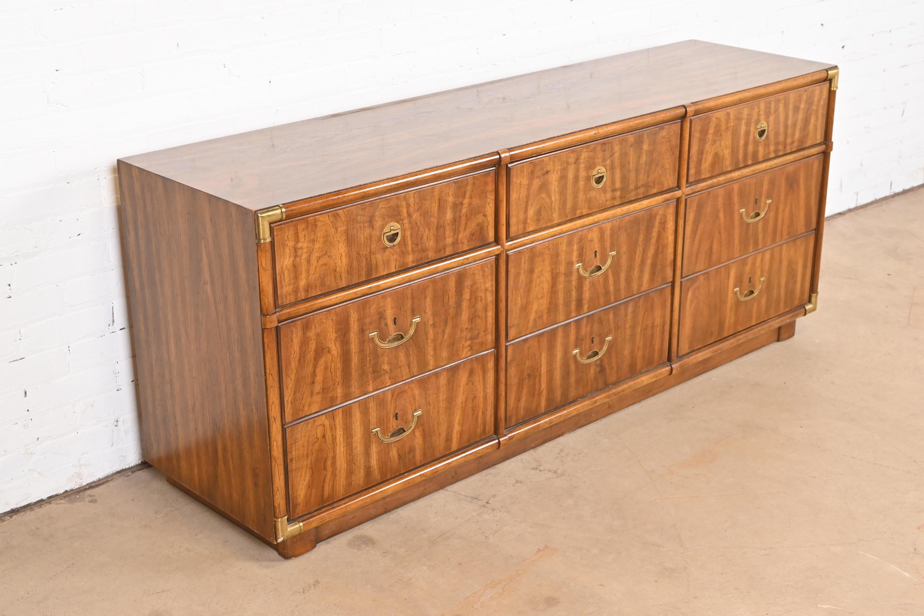 Drexel Heritage Hollywood Regency Campaign Walnut Dresser or Credenza, 1970s In Good Condition In South Bend, IN