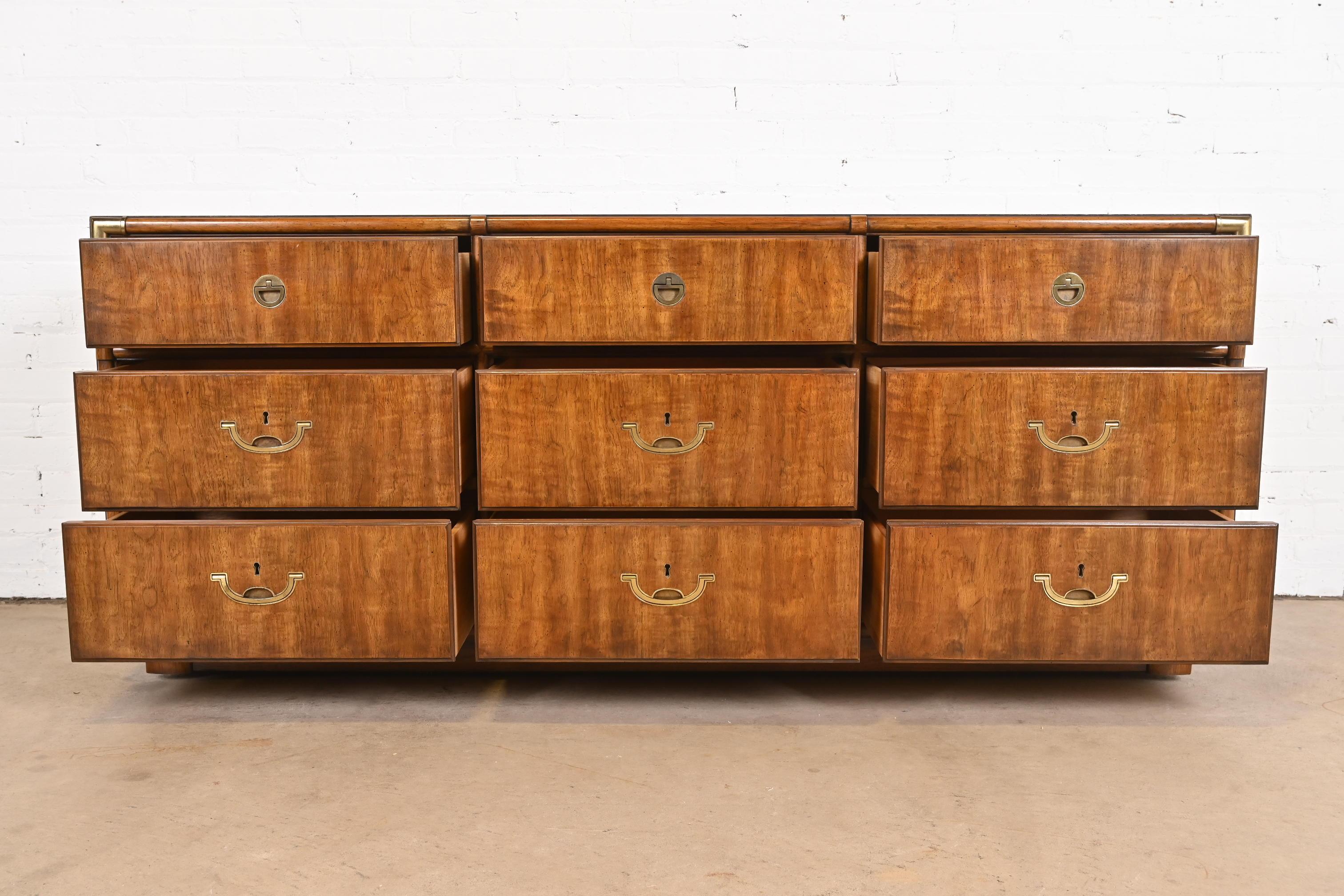 Drexel Heritage Hollywood Regency Campaign Walnut Dresser or Credenza, 1970s In Good Condition In South Bend, IN