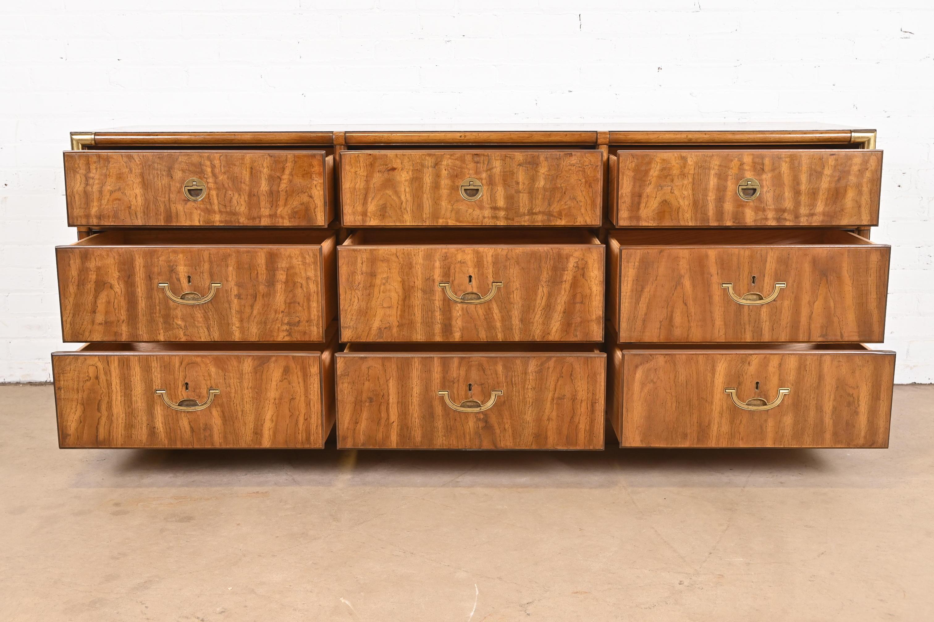Late 20th Century Drexel Heritage Hollywood Regency Campaign Walnut Dresser or Credenza, 1970s For Sale