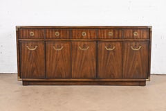 Drexel Heritage Hollywood Regency Campaign Walnut Sideboard Credenza, 1970s