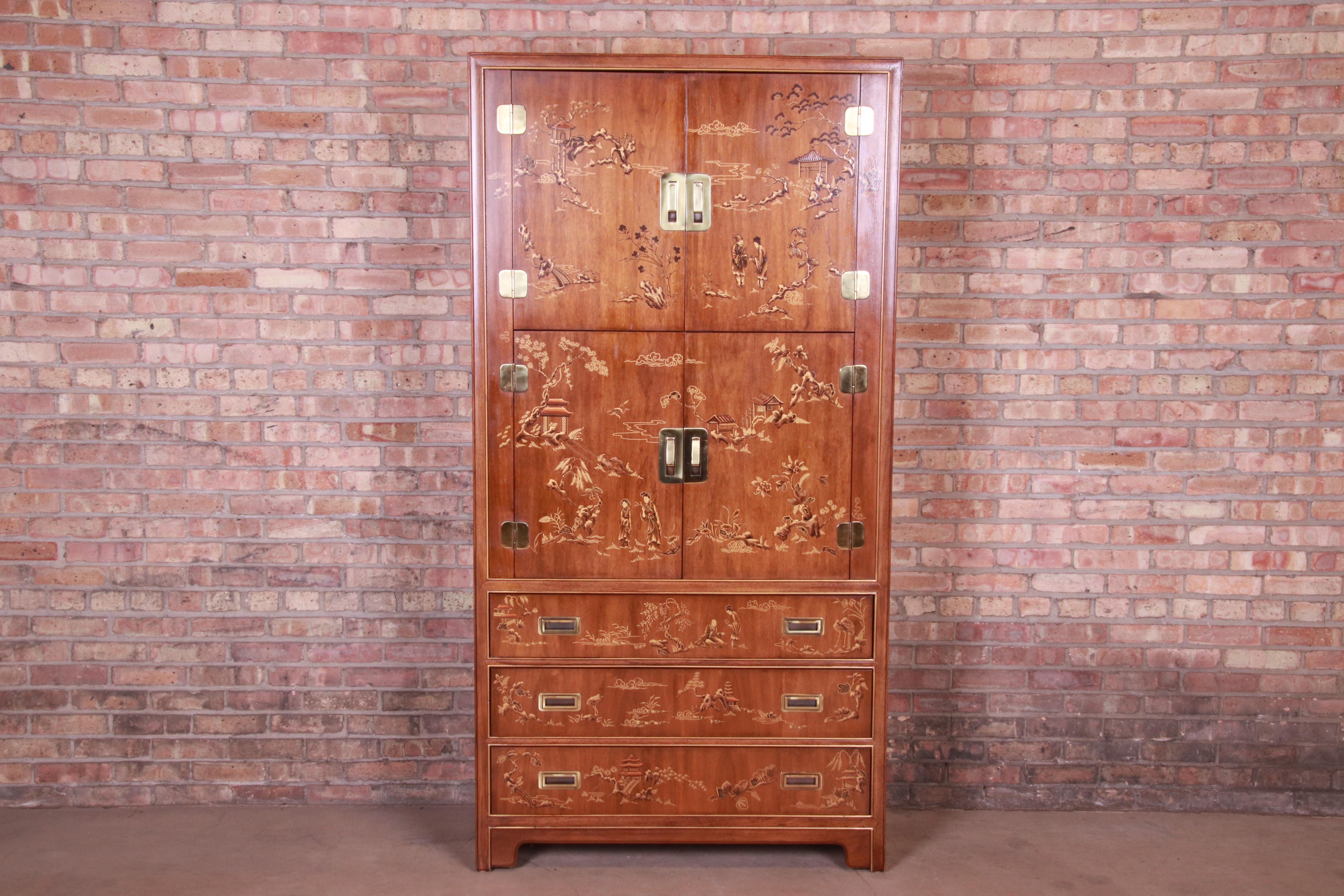 An exceptional midcentury Hollywood Regency chinoiserie Campaign style armoire dresser

By Drexel Heritage 