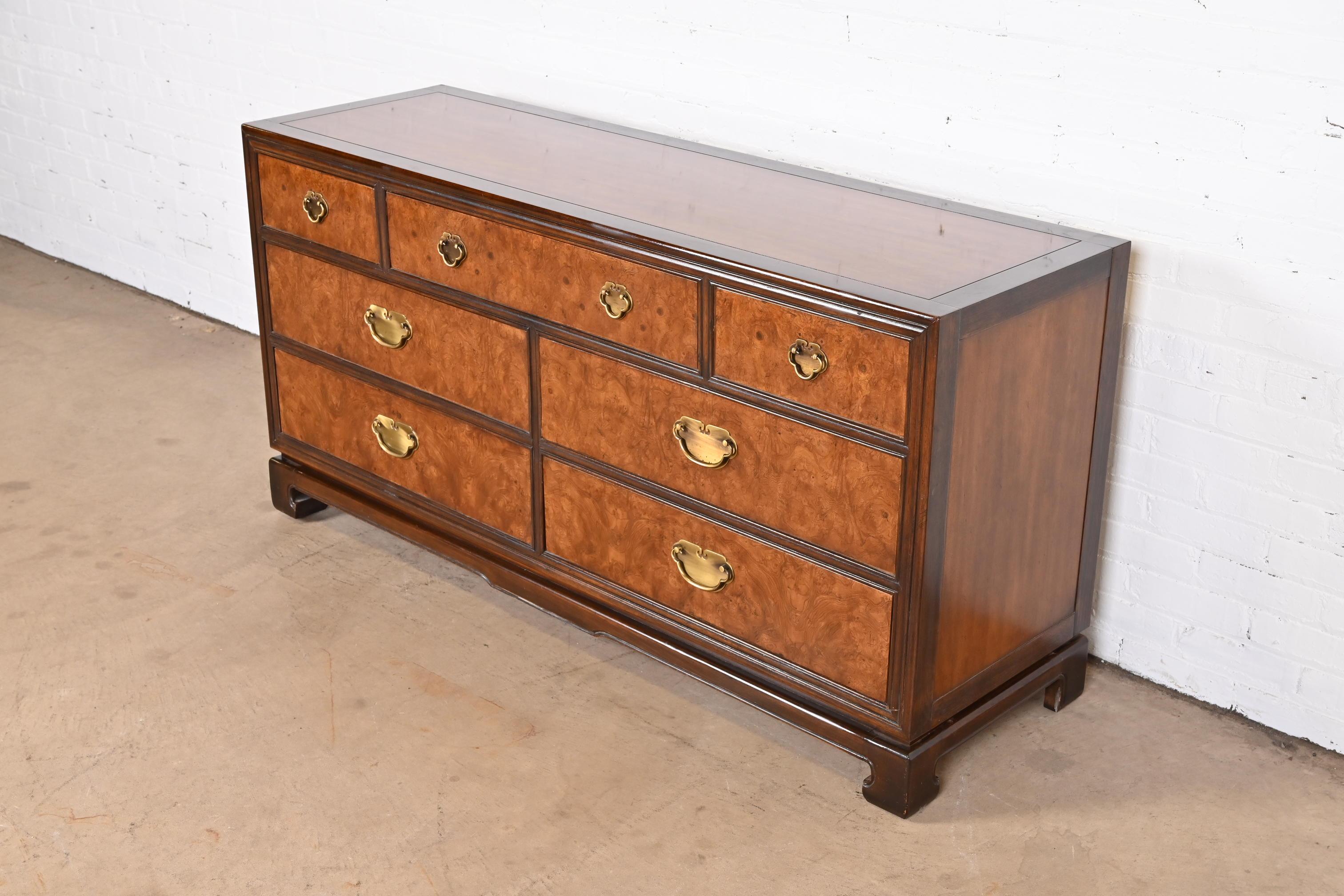 Late 20th Century Drexel Heritage Hollywood Regency Chinoiserie Burl Wood Dresser or Credenza