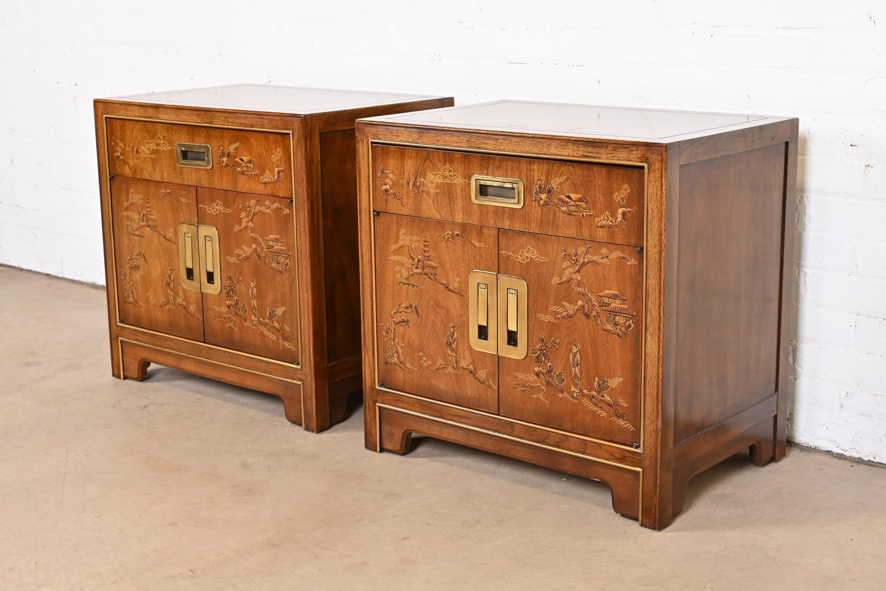 A gorgeous pair of midcentury Hollywood Regency chinoiserie Campaign style nightstands

By Drexel Heritage, 