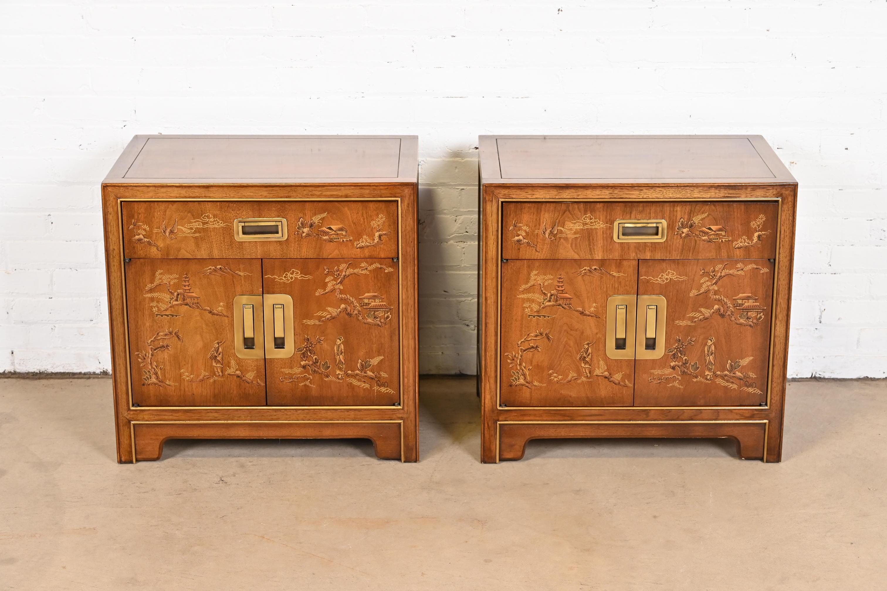 Late 20th Century Drexel Heritage Hollywood Regency Chinoiserie Campaign Nightstands, Pair