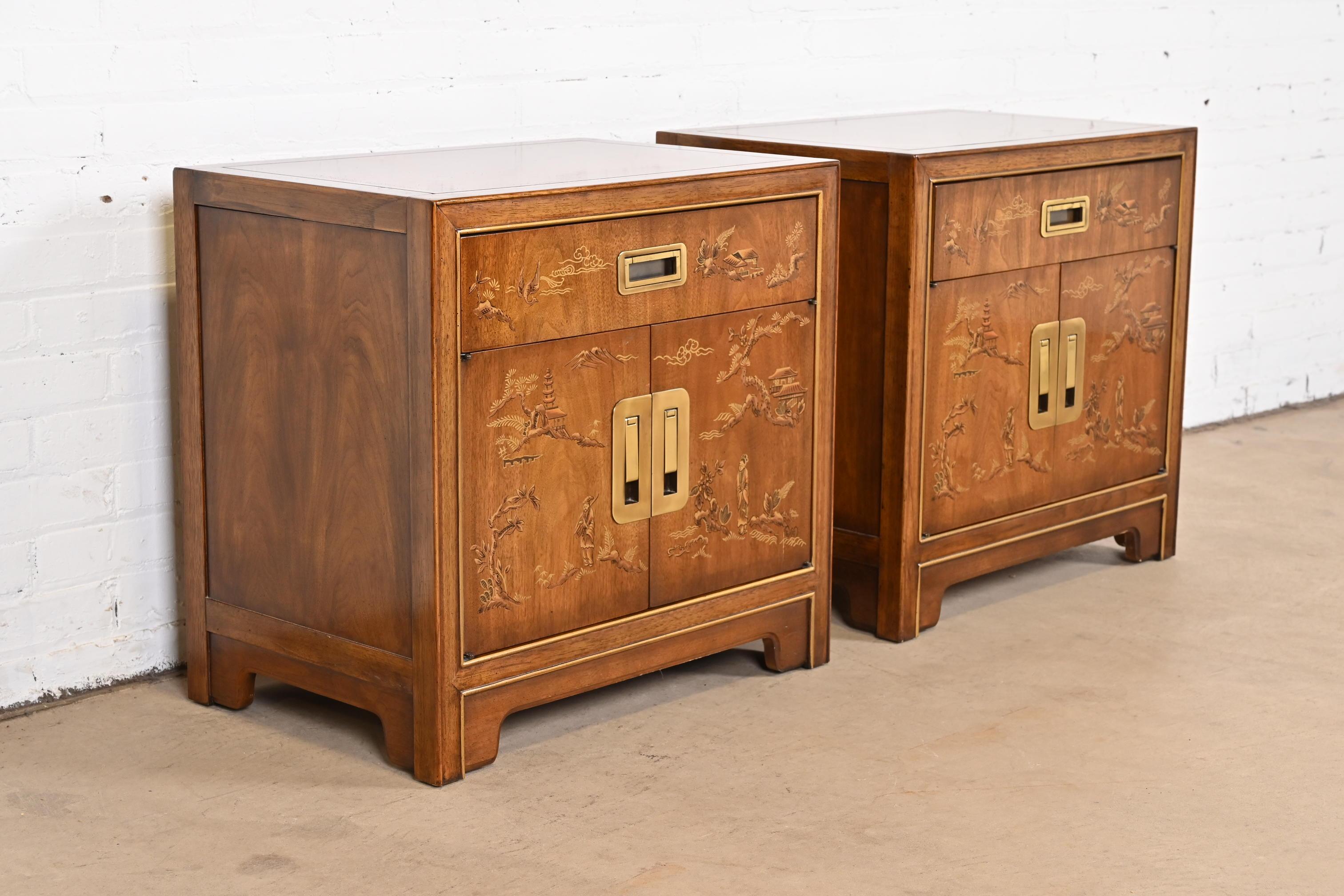 Brass Drexel Heritage Hollywood Regency Chinoiserie Campaign Nightstands, Pair