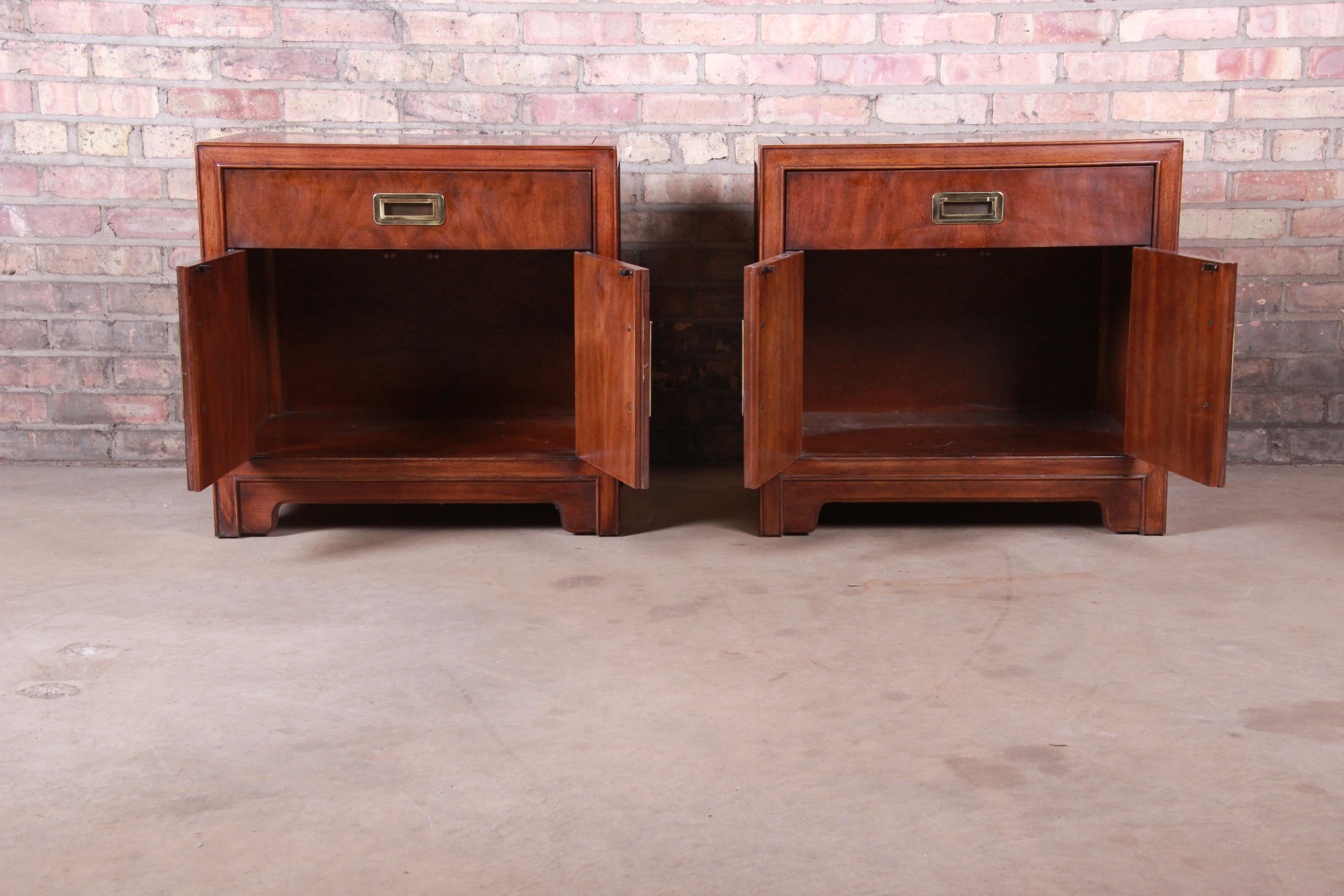 Drexel Heritage Hollywood Regency Chinoiserie Campaign Style Nightstands, Pair 3