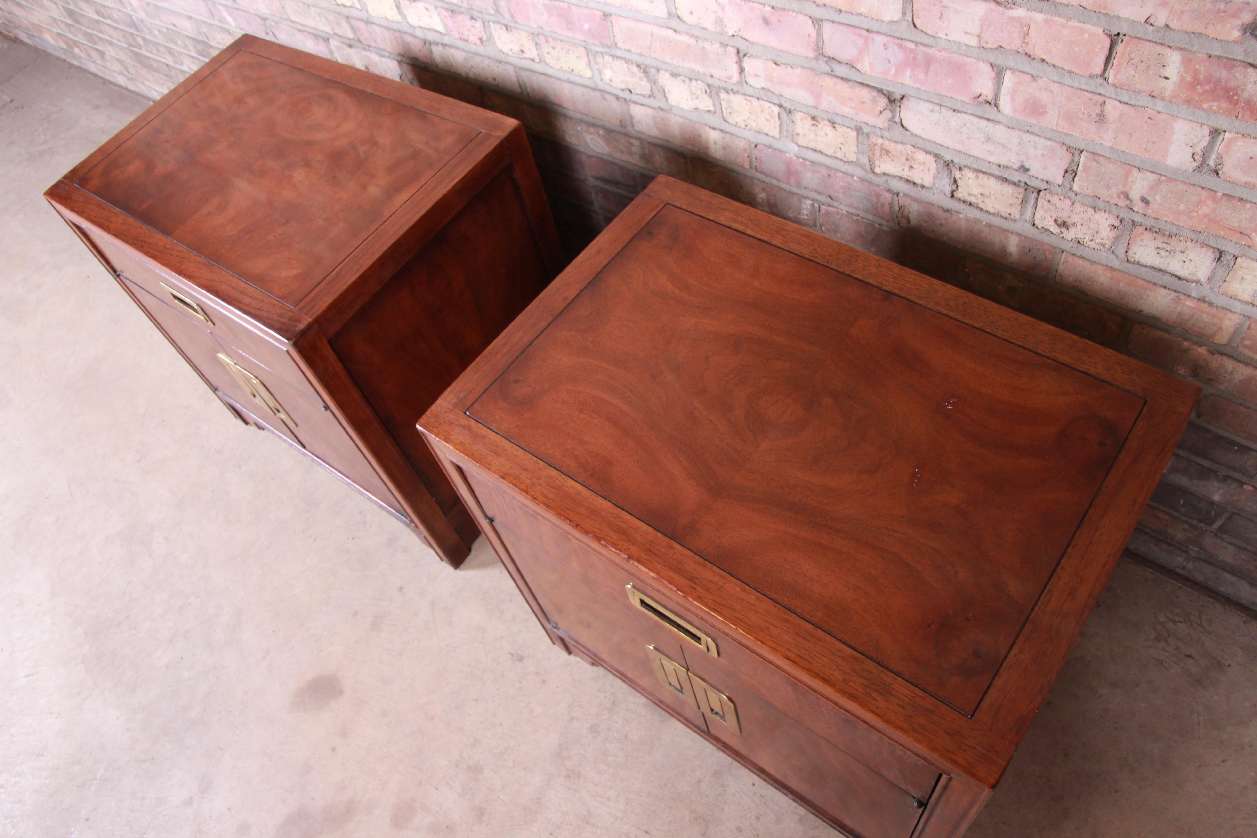 American Drexel Heritage Hollywood Regency Chinoiserie Campaign Style Nightstands, Pair