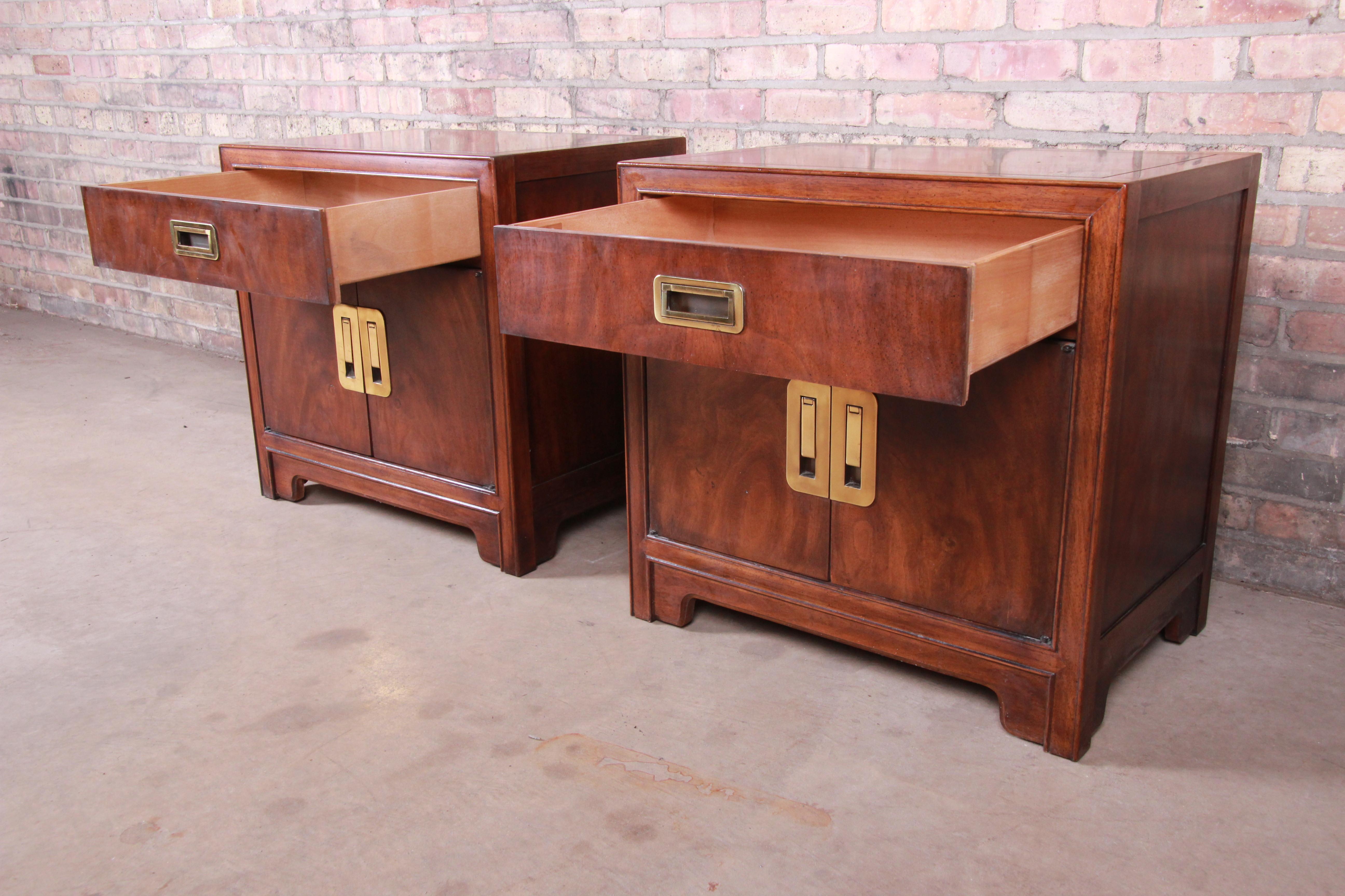 Brass Drexel Heritage Hollywood Regency Chinoiserie Campaign Style Nightstands, Pair