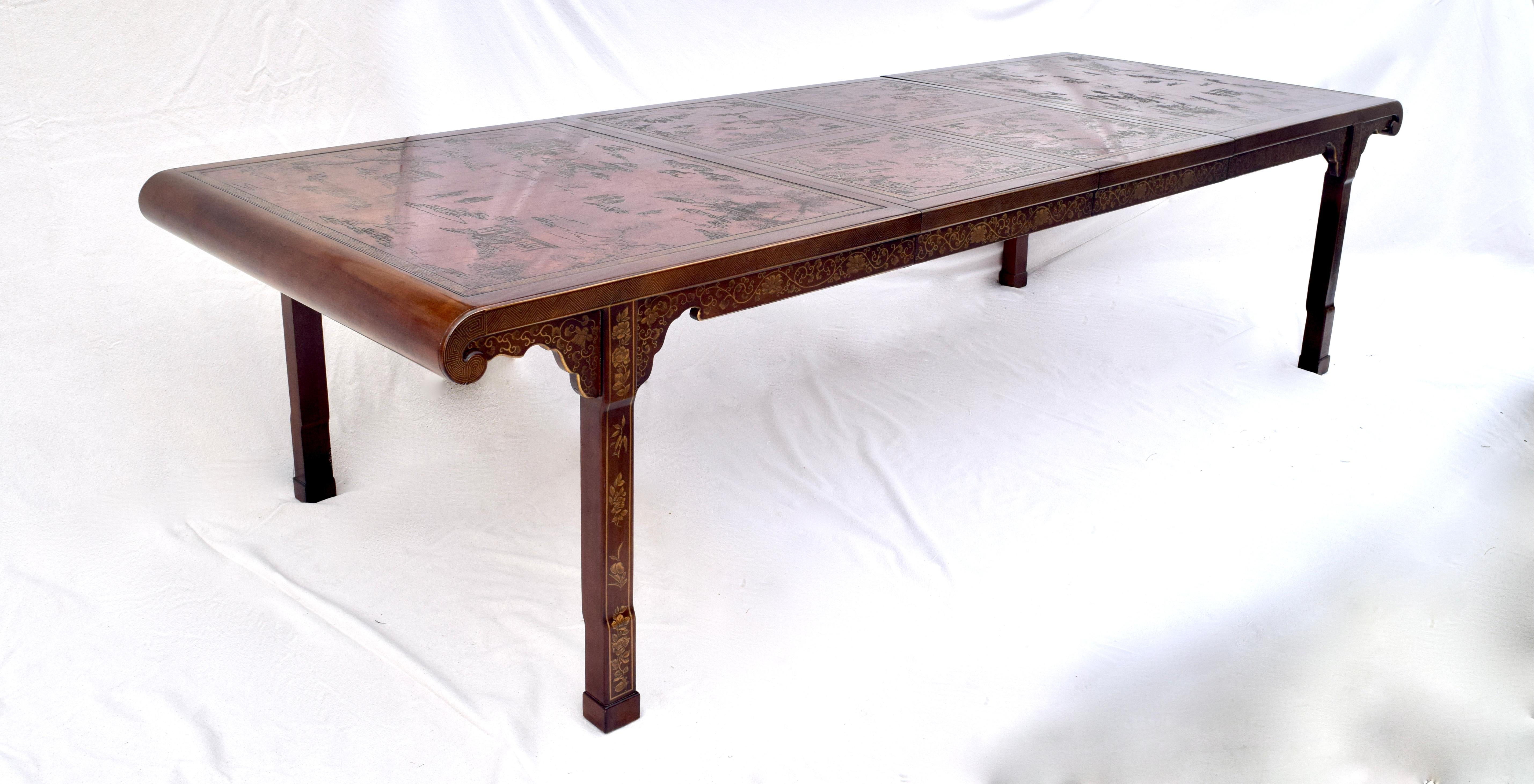 An exquisite Mid-Century Modern Hollywood Regency Chinoiserie extension dining table by Drexel Heritage 