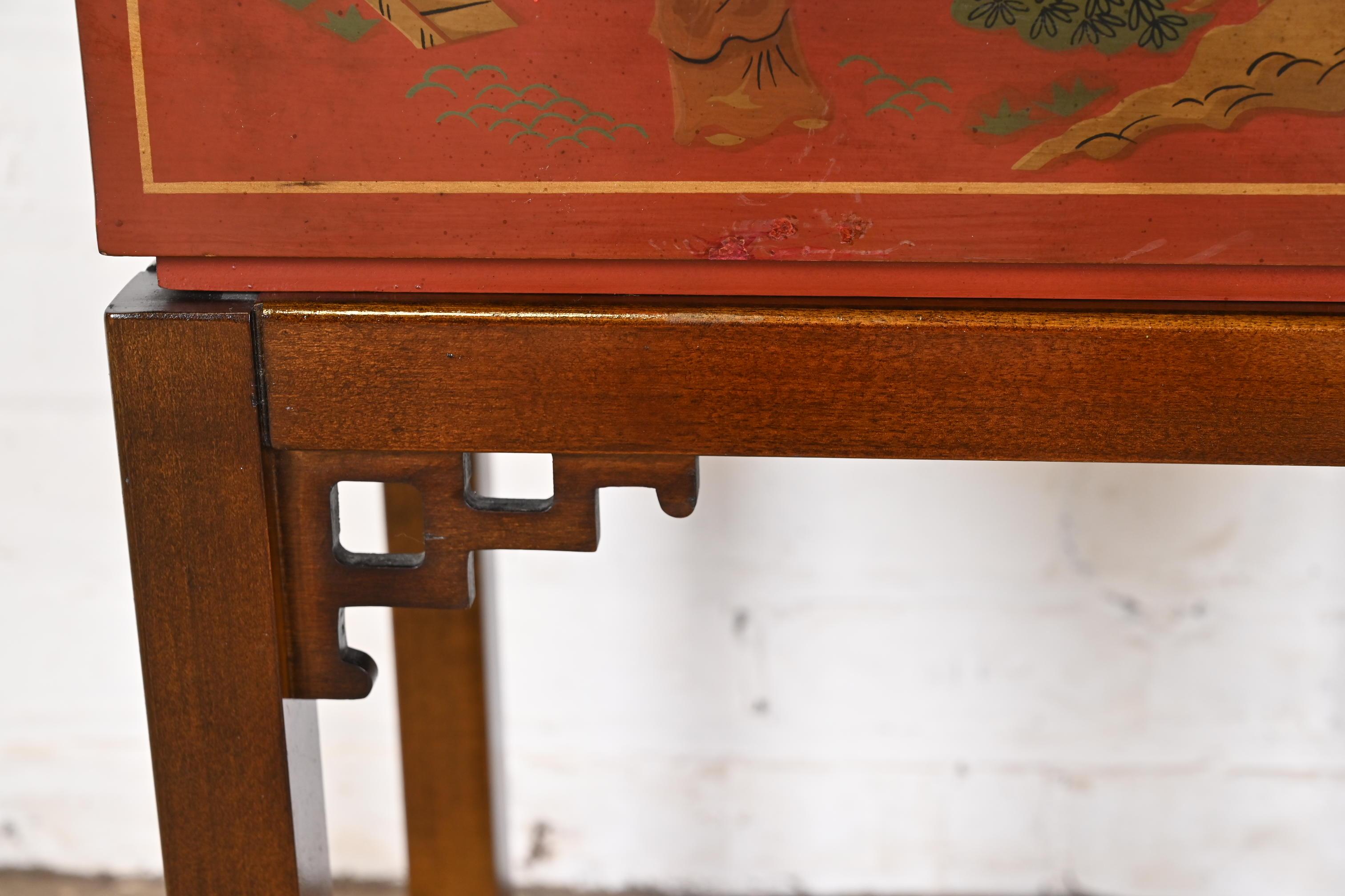 Drexel Heritage Hollywood Regency Chinoiserie Hand-Painted Red Chest on Stand 4