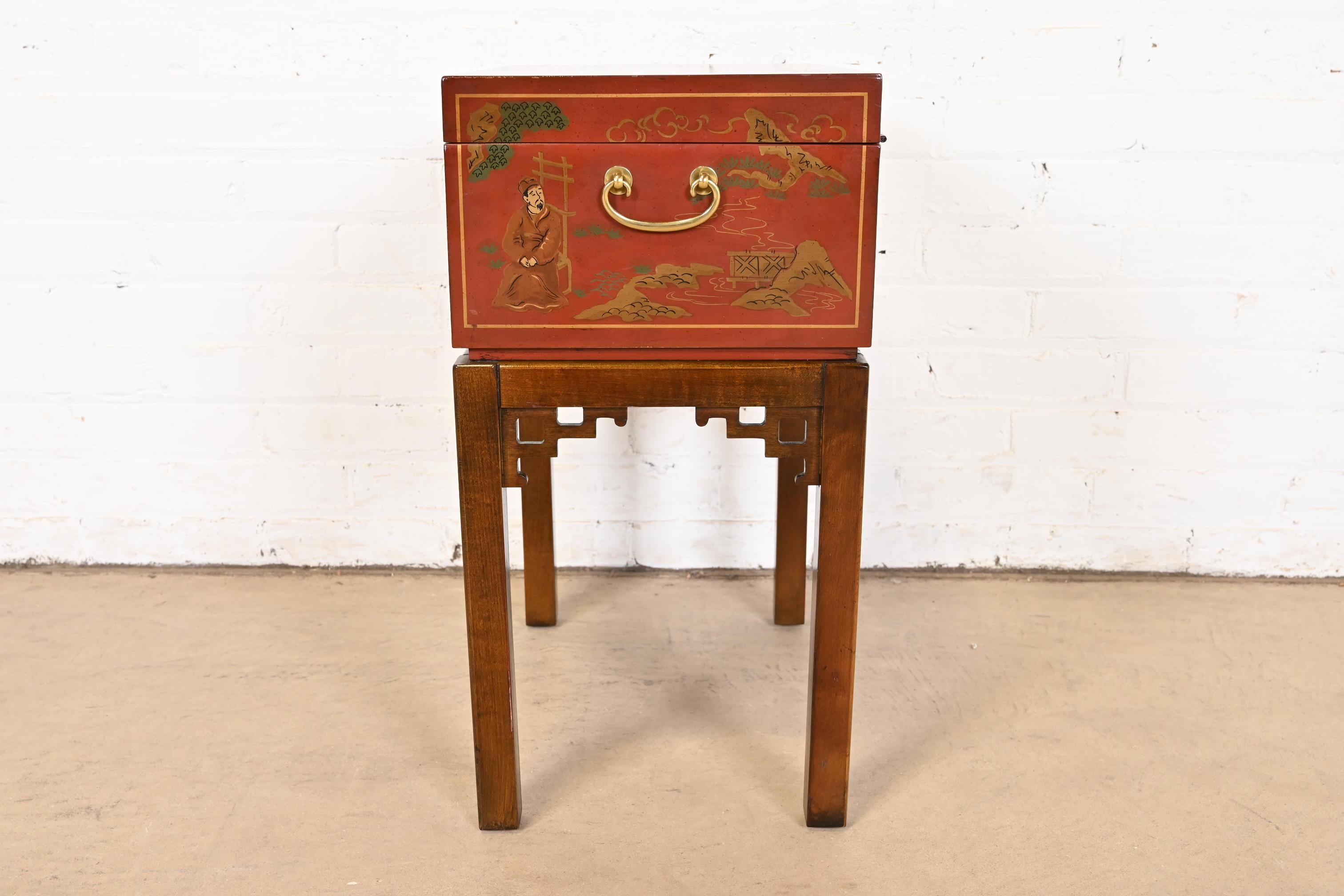 Drexel Heritage Hollywood Regency Chinoiserie Hand-Painted Red Chest on Stand 8