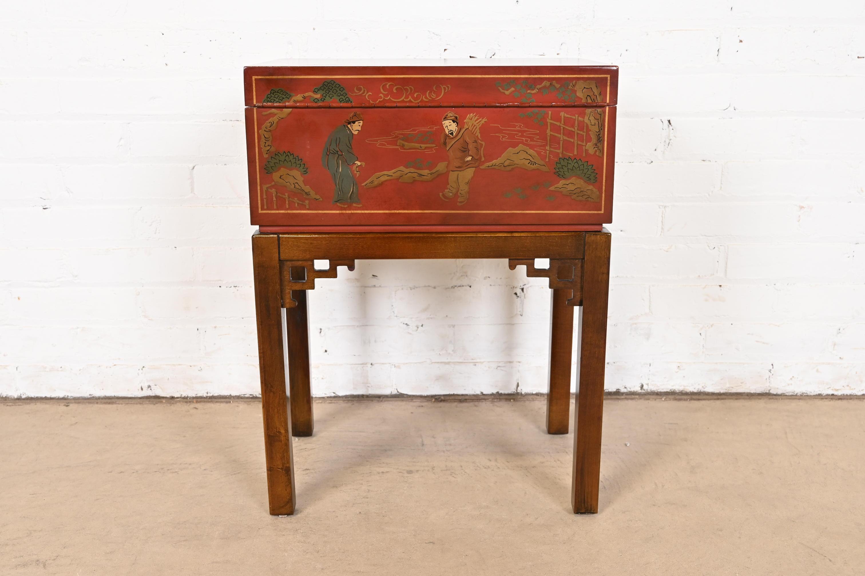 Drexel Heritage Hollywood Regency Chinoiserie Hand-Painted Red Chest on Stand 9