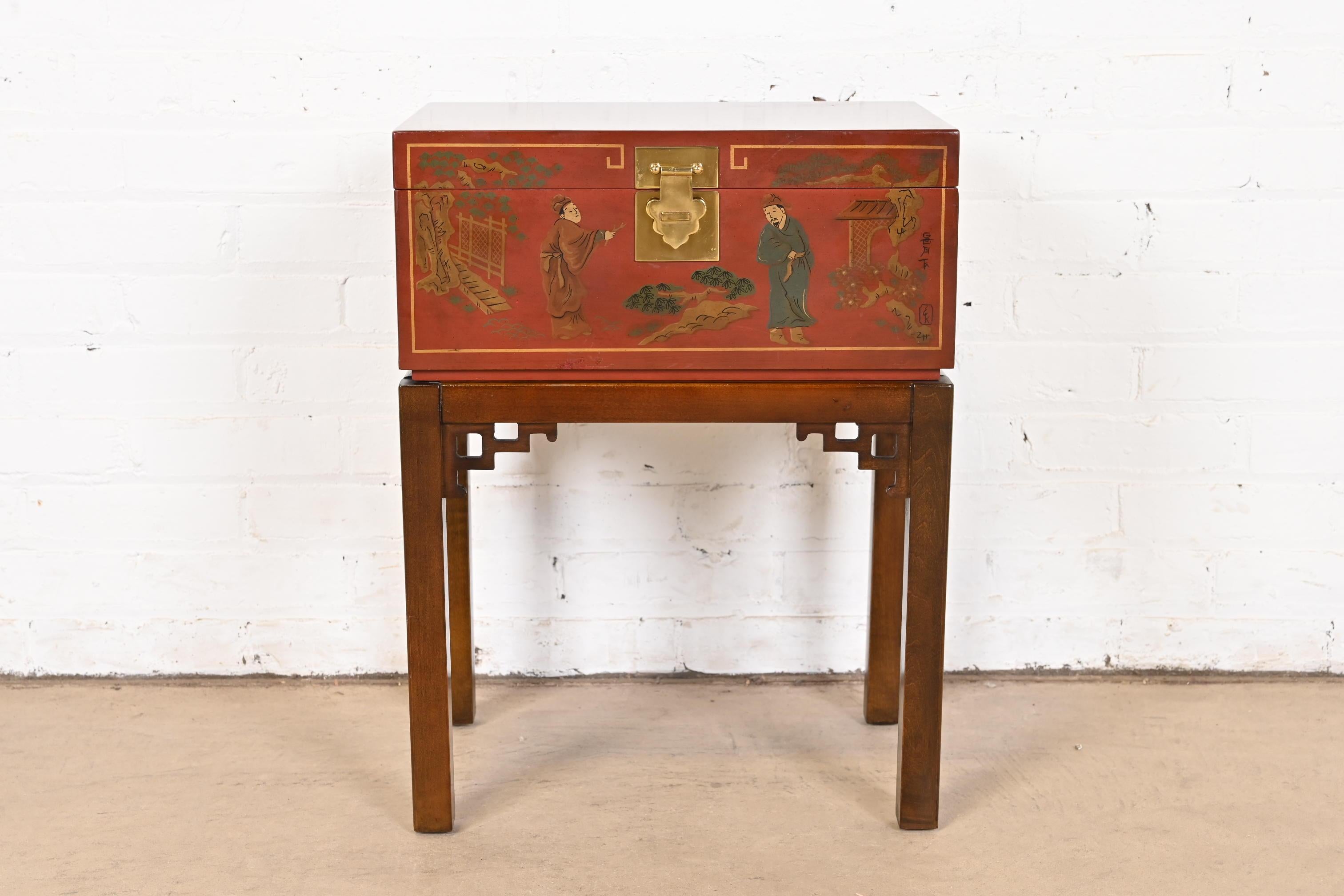 American Drexel Heritage Hollywood Regency Chinoiserie Hand-Painted Red Chest on Stand
