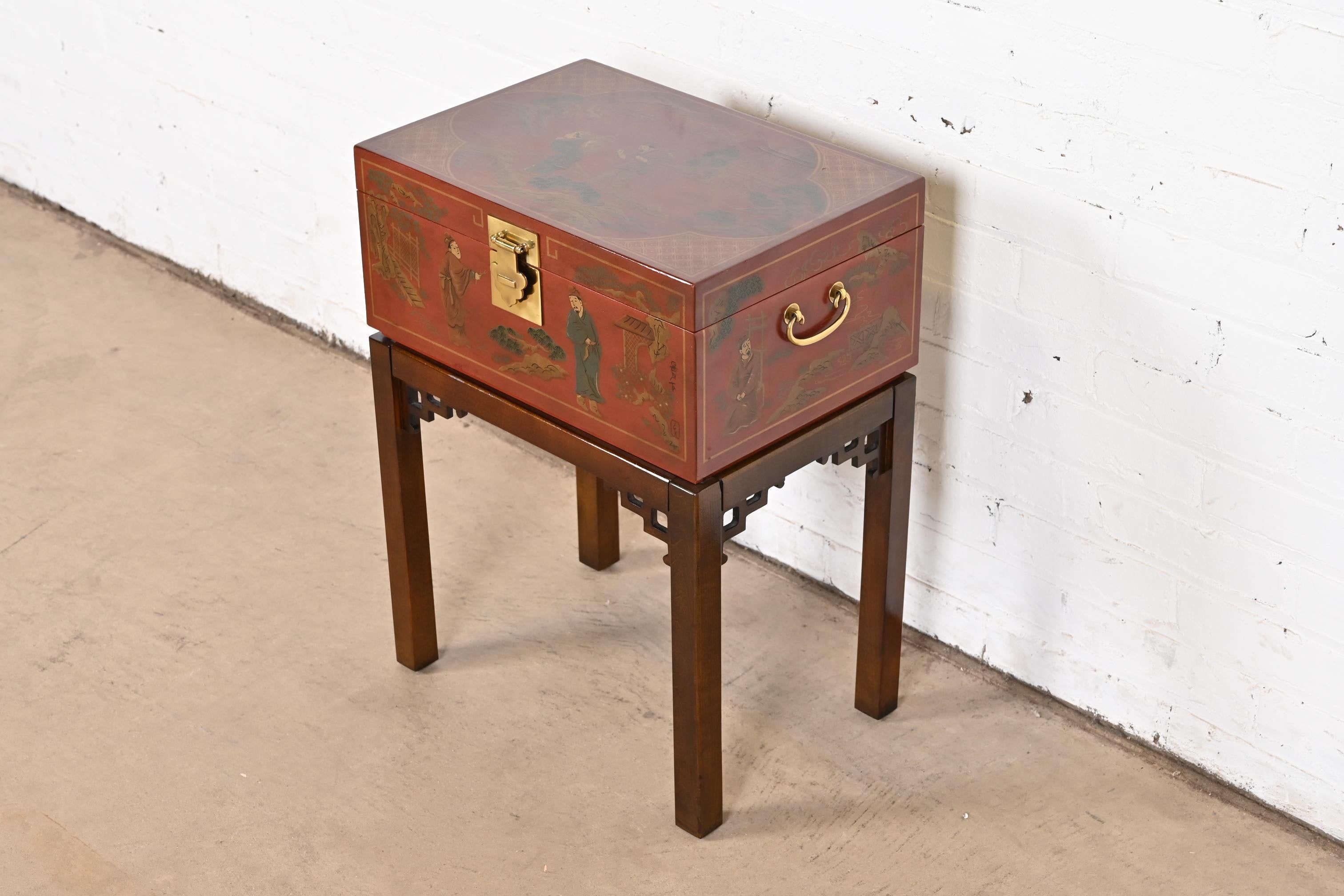 Drexel Heritage Hollywood Regency Chinoiserie Hand-Painted Red Chest on Stand In Good Condition In South Bend, IN