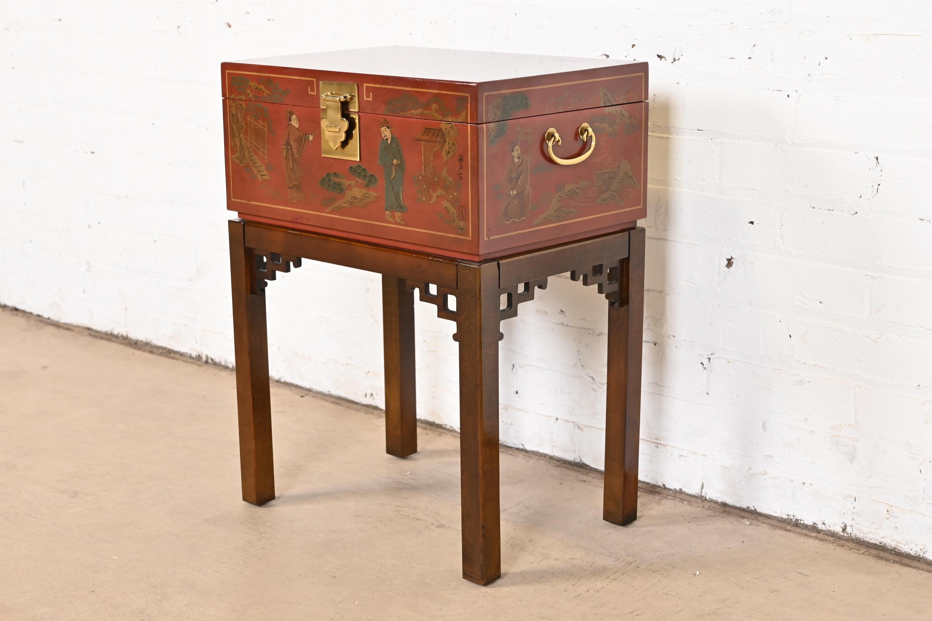 20th Century Drexel Heritage Hollywood Regency Chinoiserie Hand-Painted Red Chest on Stand