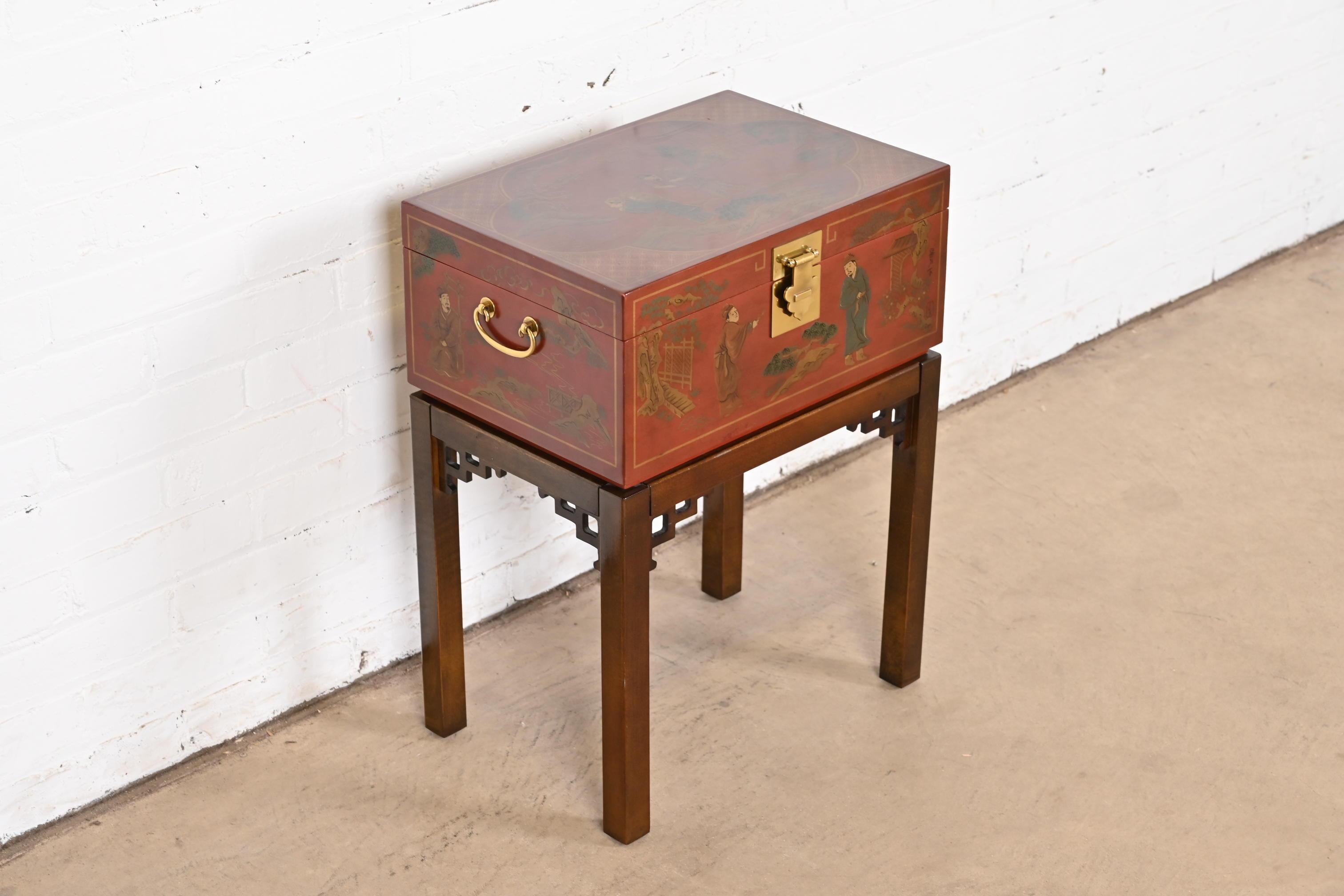 Brass Drexel Heritage Hollywood Regency Chinoiserie Hand-Painted Red Chest on Stand