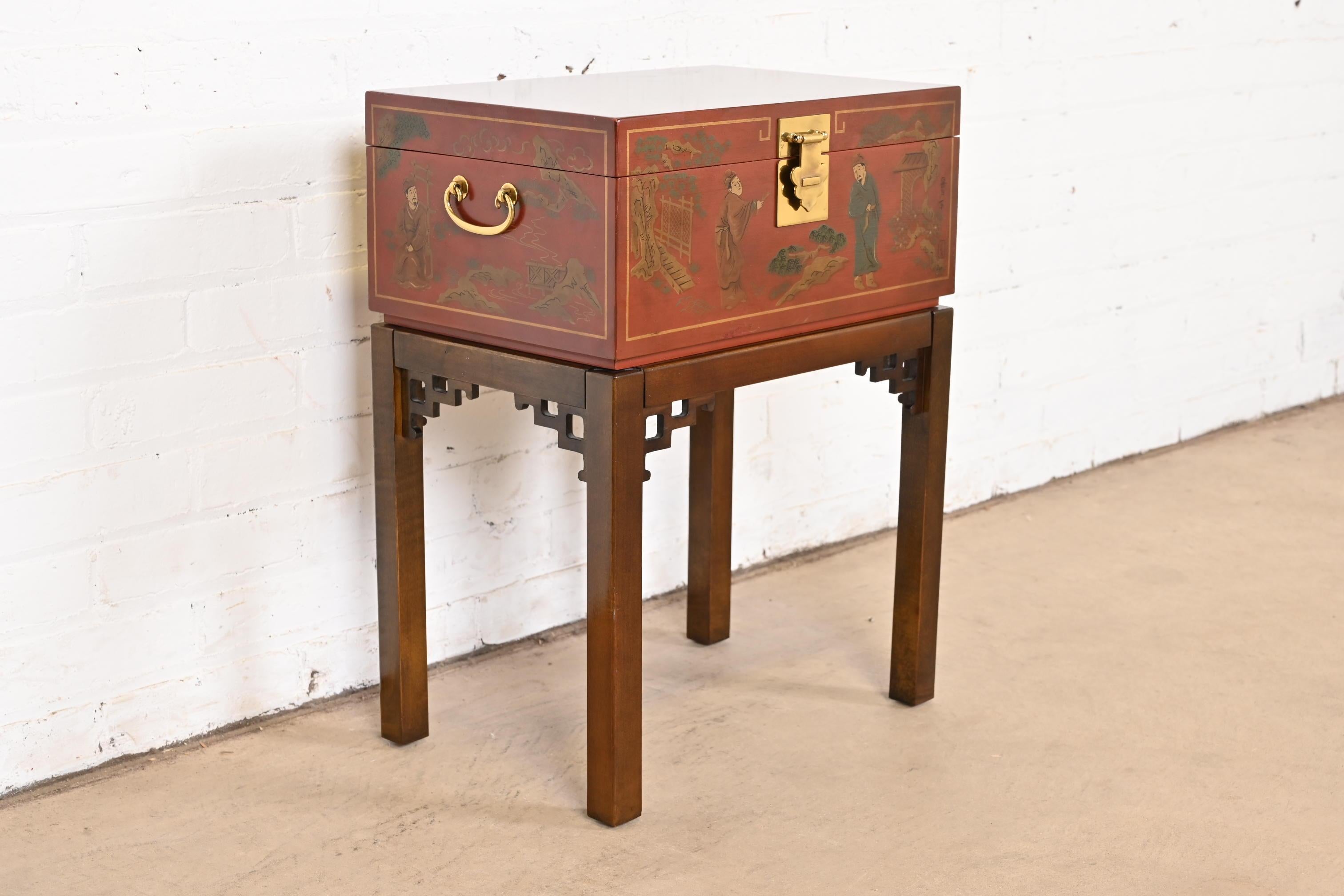 Drexel Heritage Hollywood Regency Chinoiserie Hand-Painted Red Chest on Stand 1
