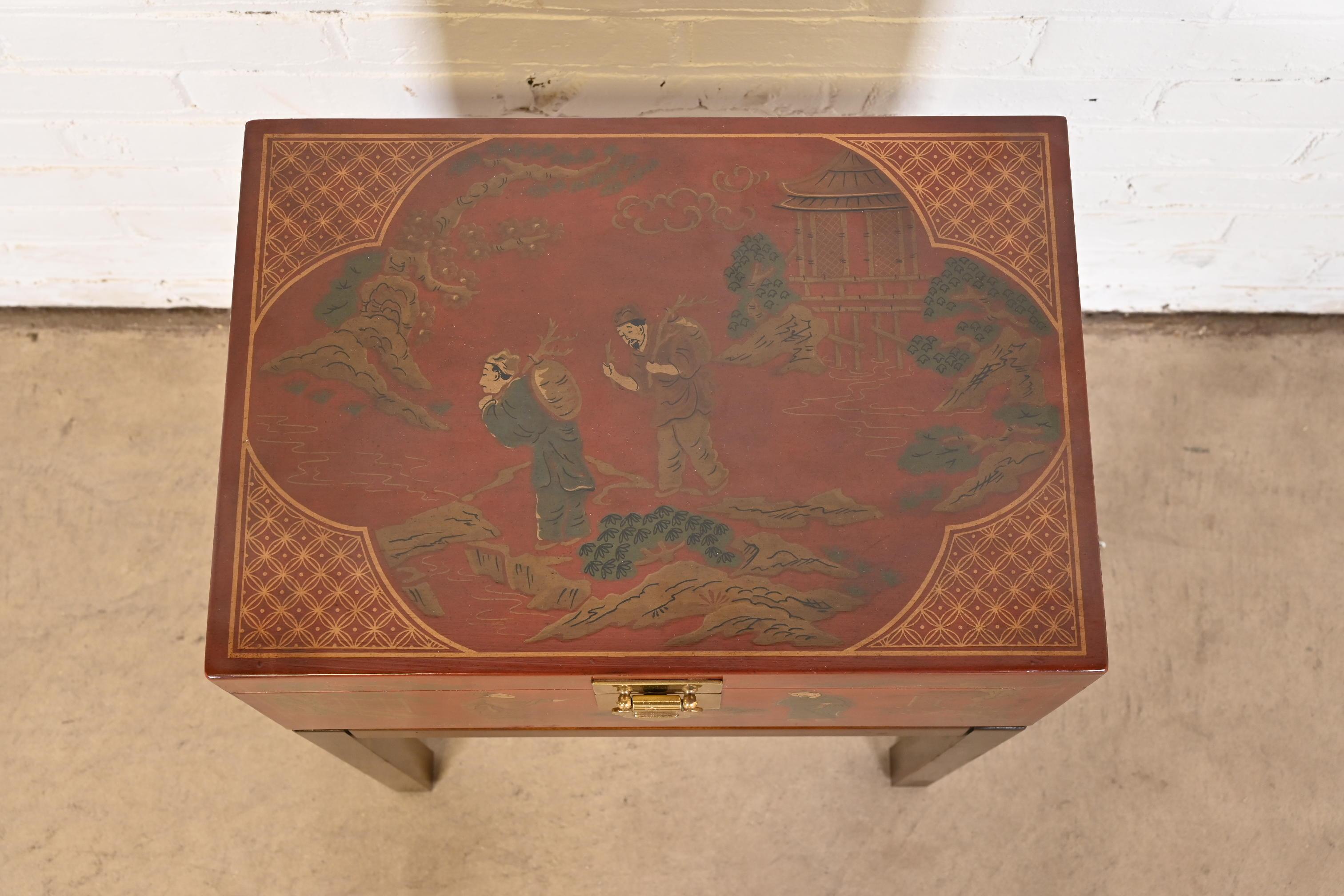 Drexel Heritage Hollywood Regency Chinoiserie Hand-Painted Red Chest on Stand 2