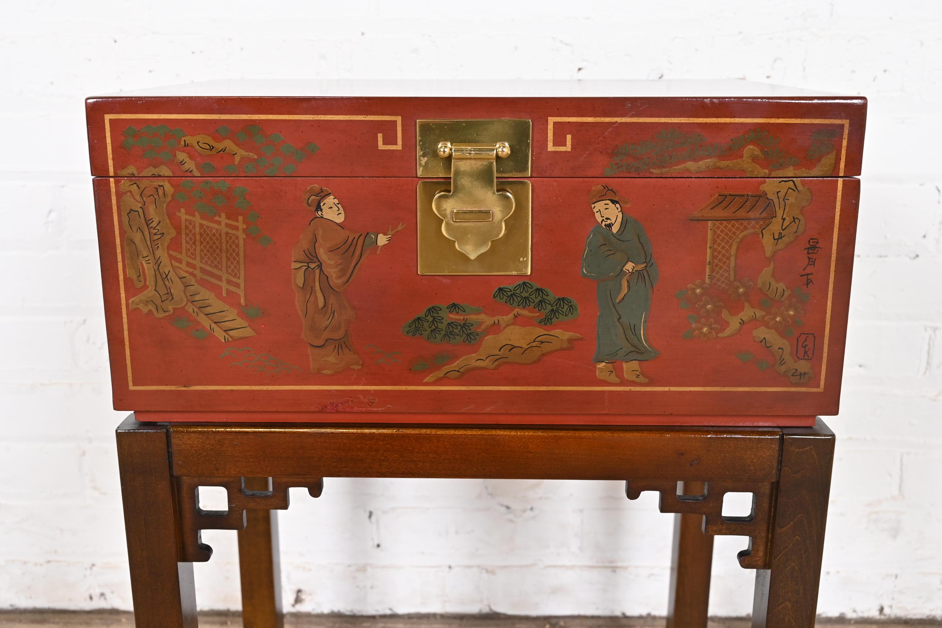 Drexel Heritage Hollywood Regency Chinoiserie Hand-Painted Red Chest on Stand 3