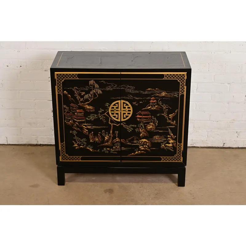American Drexel Heritage Hollywood Regency Chinoiserie Lacquered Bar Cabinet For Sale