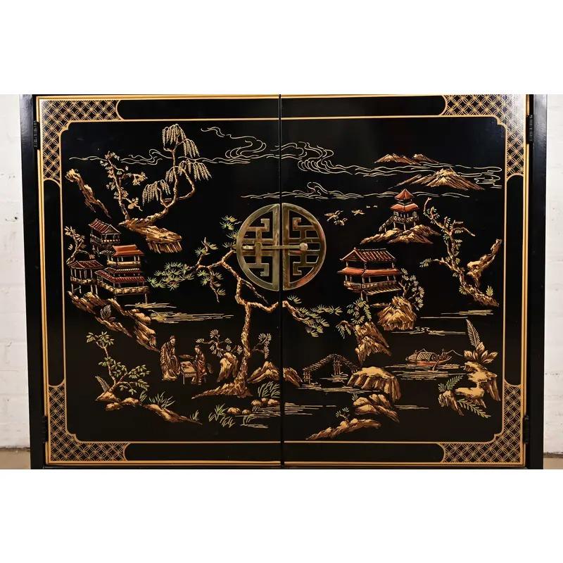 Drexel Heritage Hollywood Regency Chinoiserie Lacquered Bar Cabinet For Sale 1