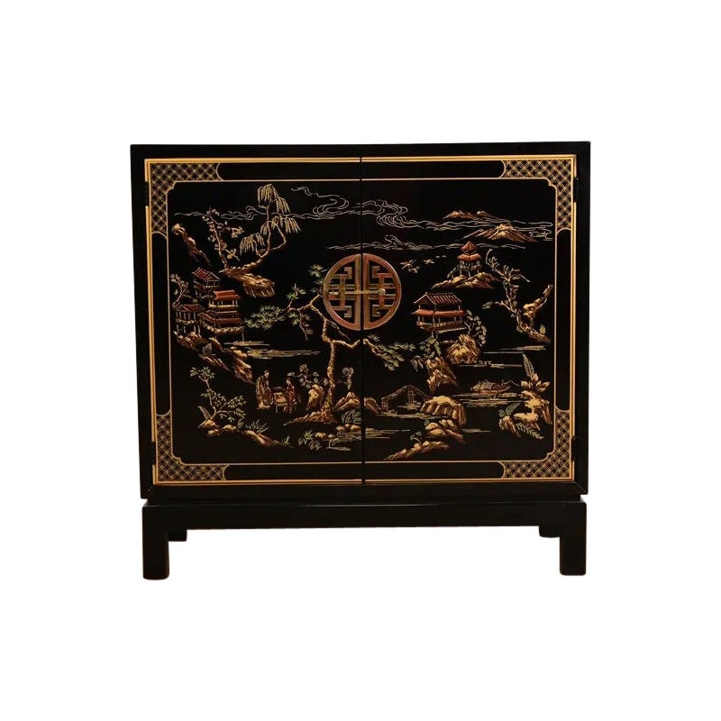 Drexel Heritage Hollywood Regency Chinoiserie Lacquered Bar Cabinet For Sale