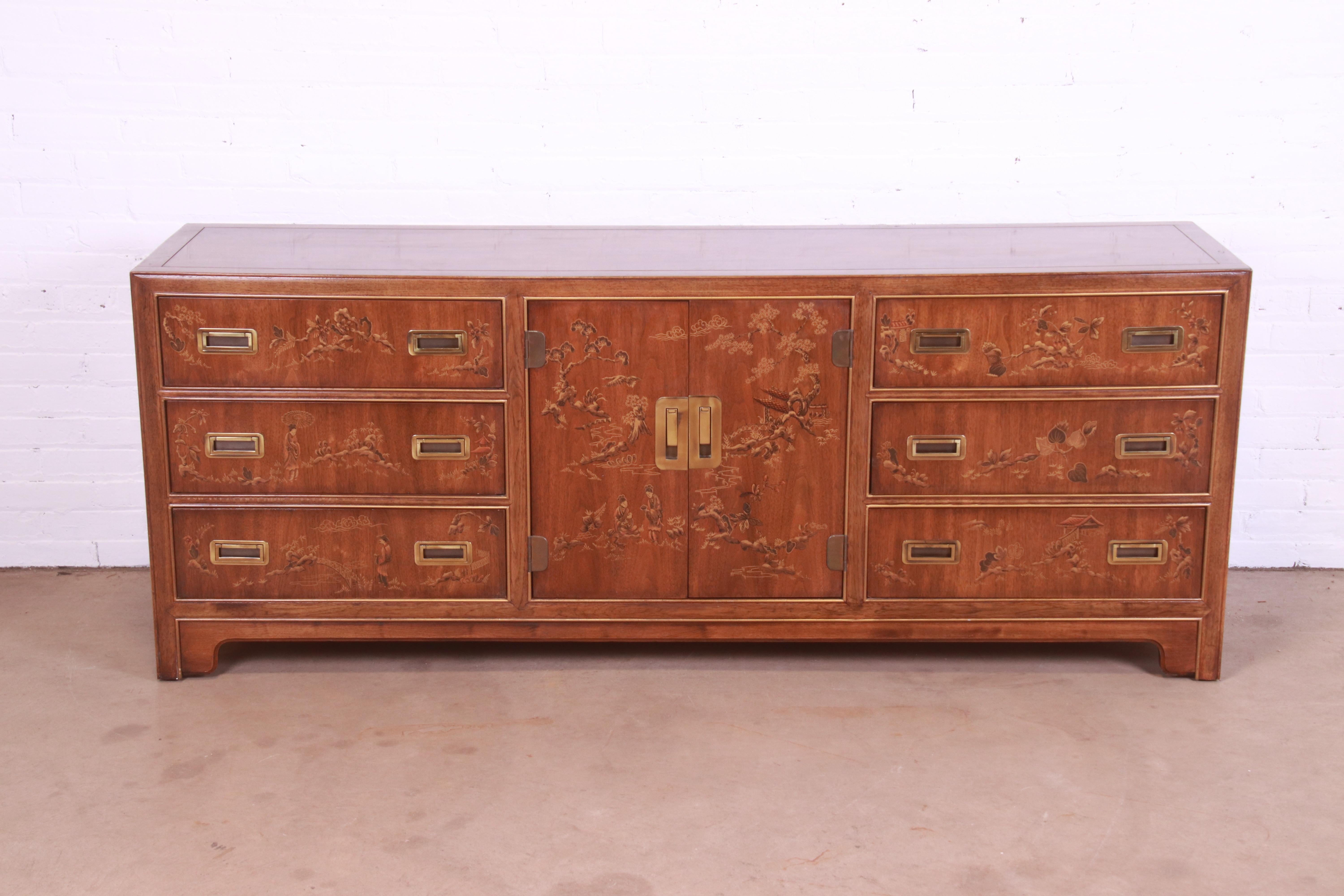 An exceptional mid-century Hollywood Regency Chinoiserie Campaign style nine-drawer long dresser or credenza

By Drexel Heritage, 