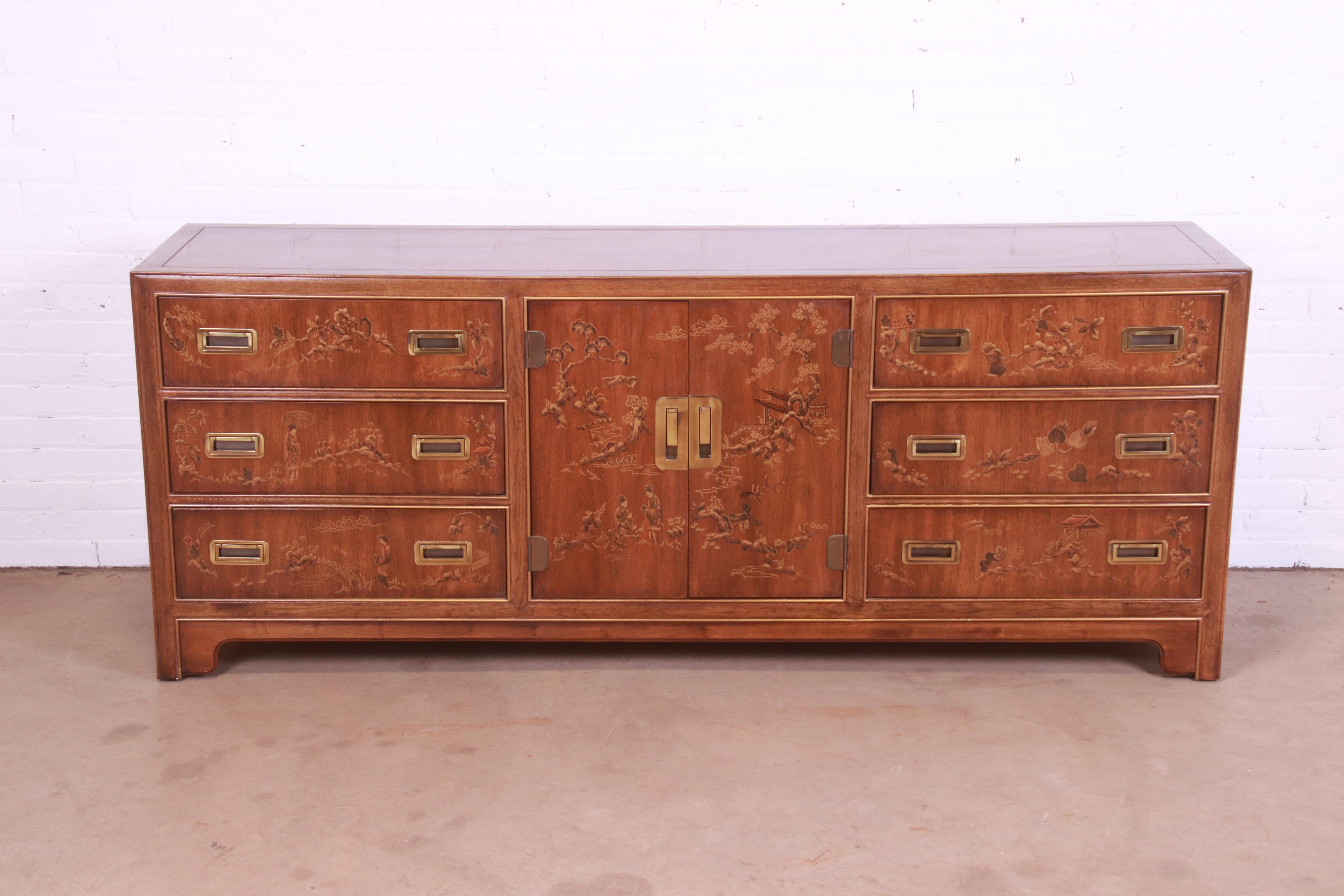 An exceptional mid-century Hollywood Regency Chinoiserie Campaign style nine-drawer long dresser or credenza

By Drexel Heritage, 