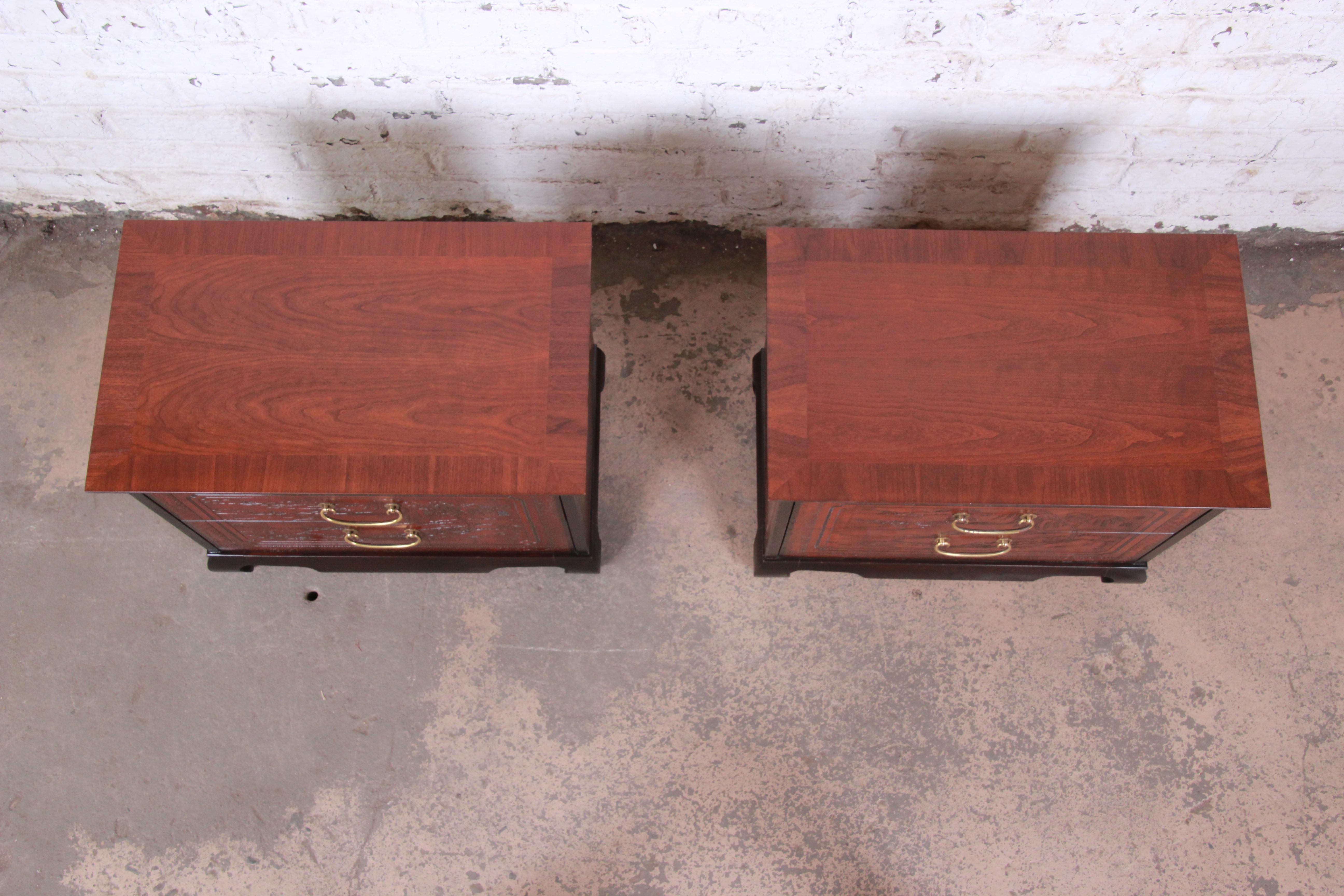 Brass Drexel Heritage Hollywood Regency Chinoiserie Mahogany Nightstands, Pair