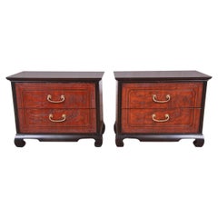 Drexel Heritage Hollywood Regency Chinoiserie Mahogany Nightstands, Pair