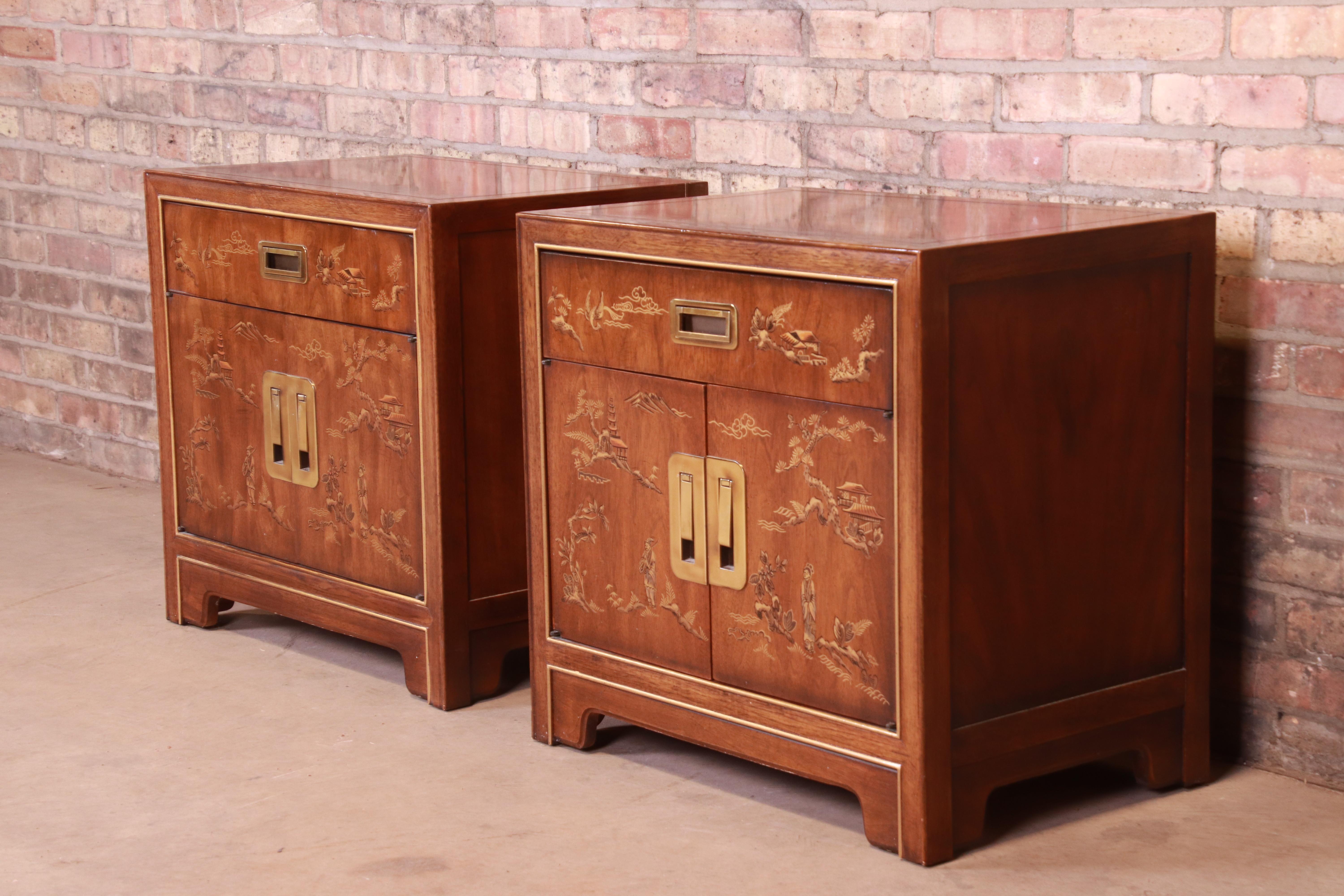 Mid-Century Modern Drexel Heritage Hollywood Regency Chinoiserie Nightstands, Pair