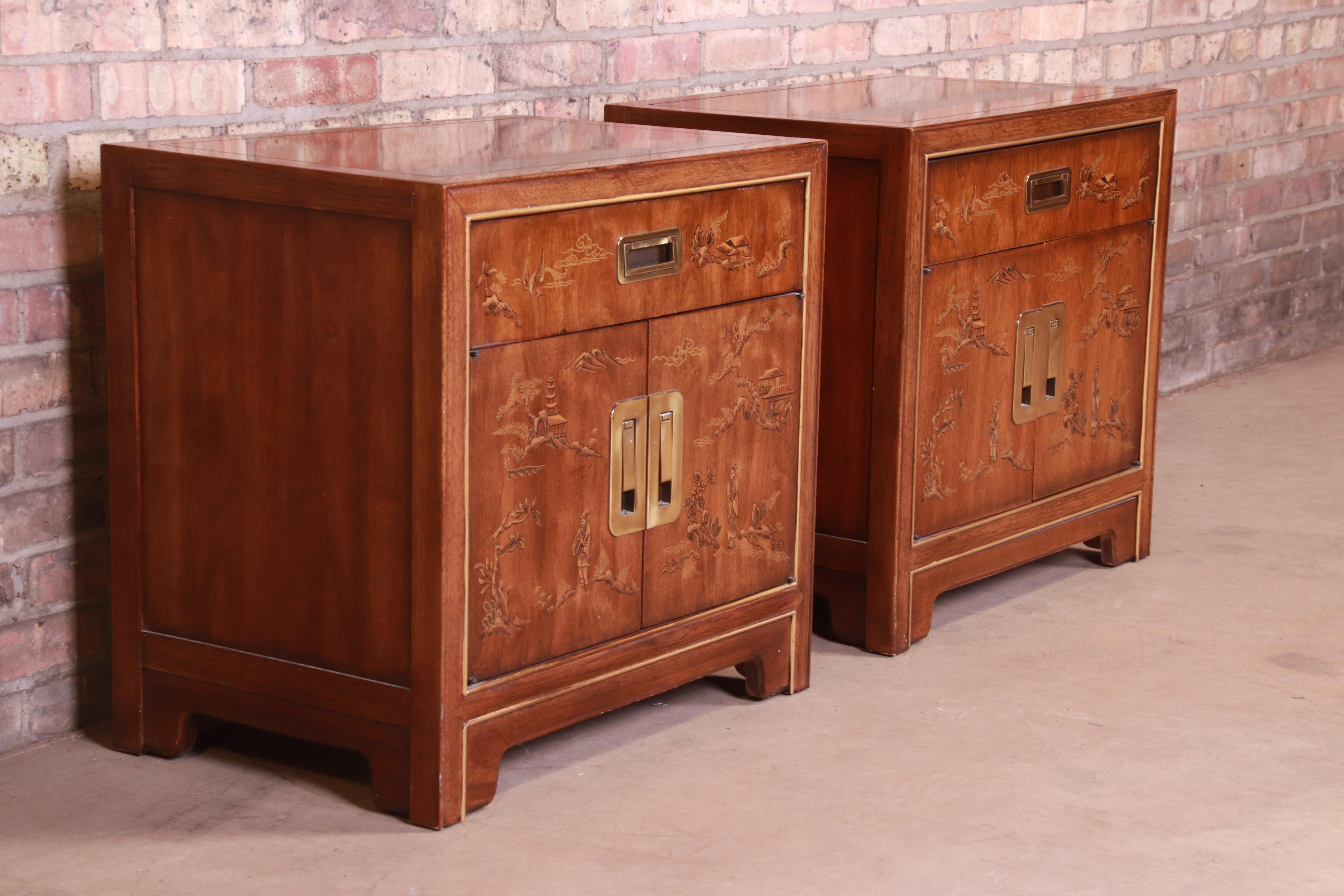 American Drexel Heritage Hollywood Regency Chinoiserie Nightstands, Pair