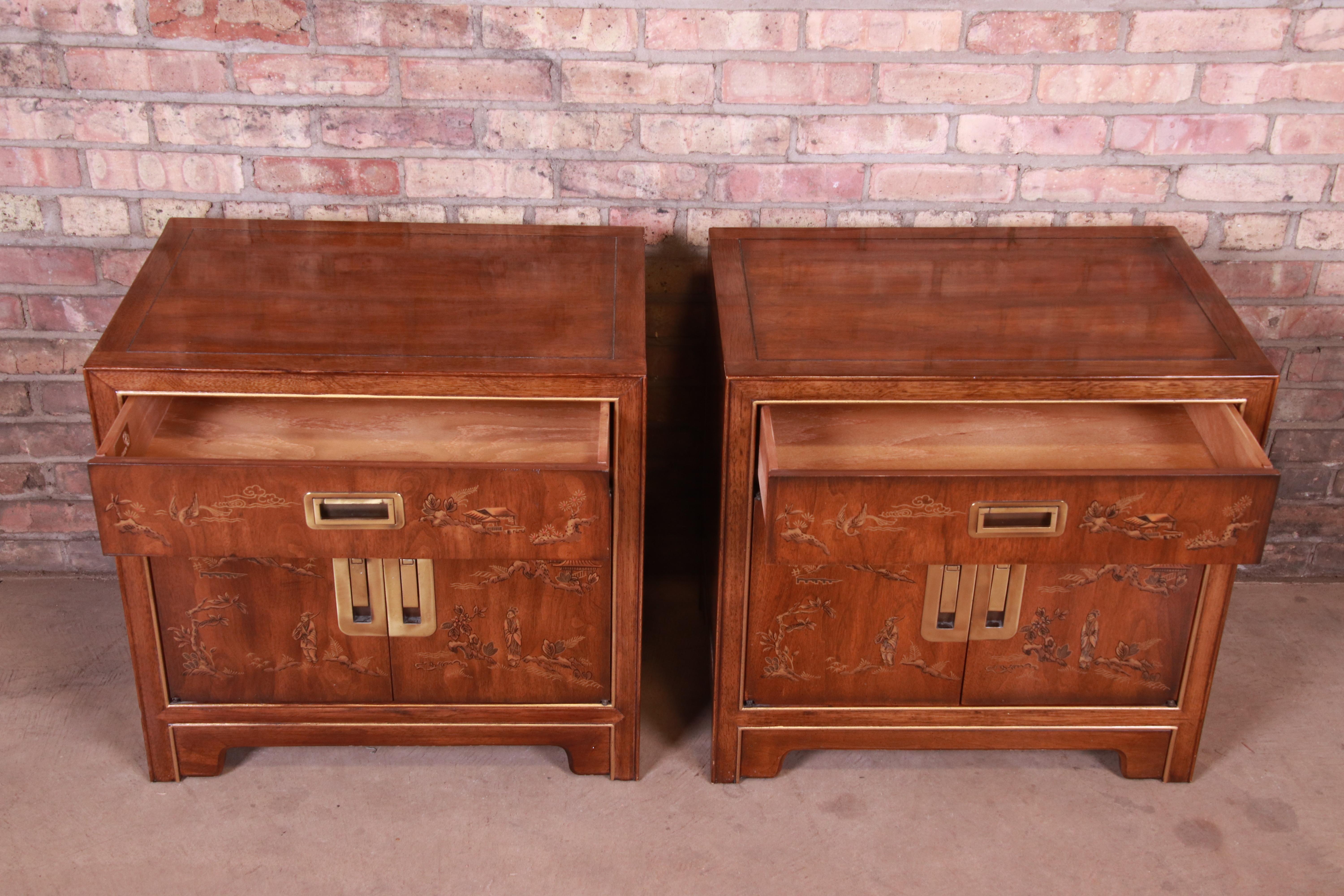 Brass Drexel Heritage Hollywood Regency Chinoiserie Nightstands, Pair