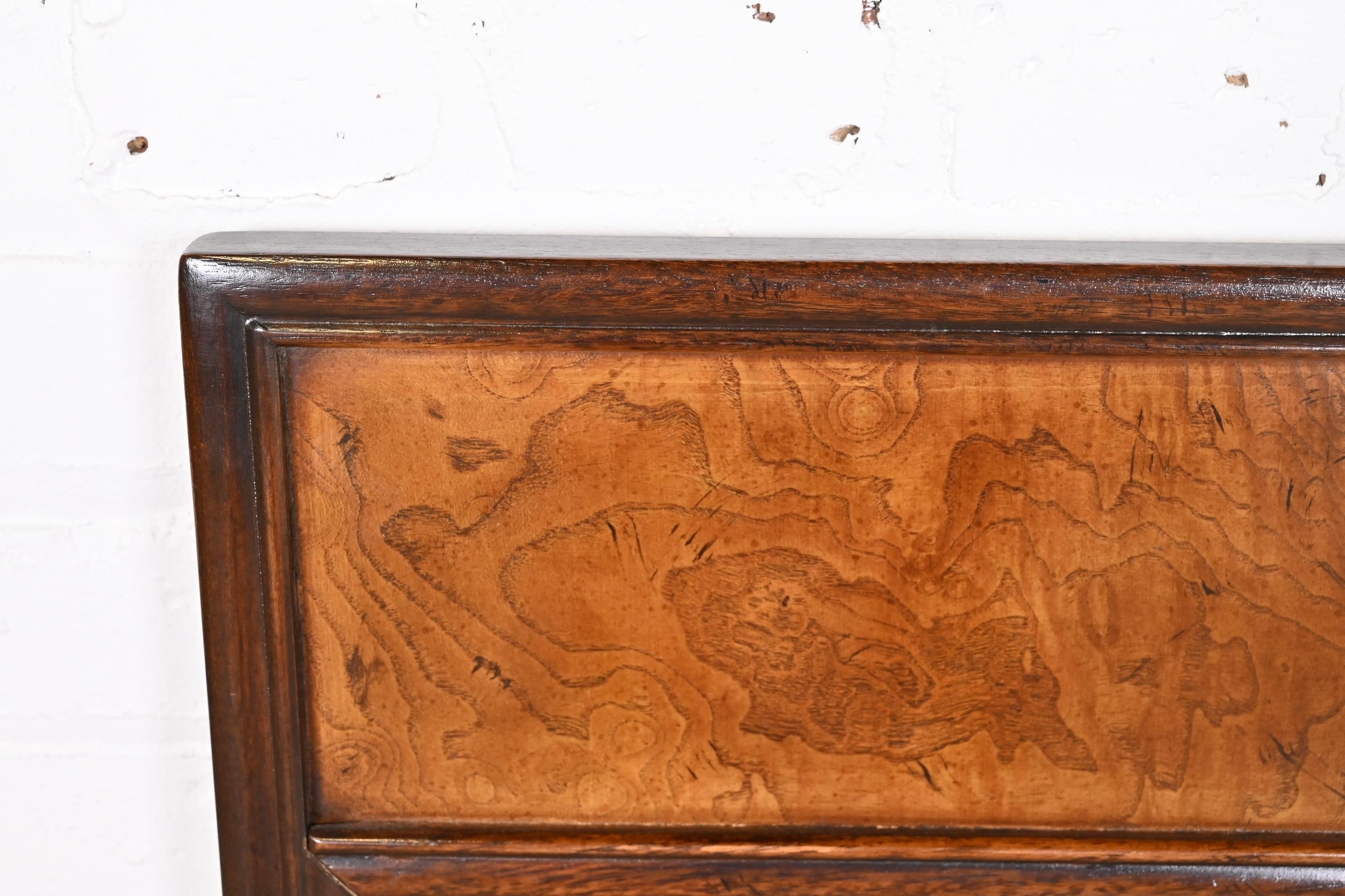 Drexel Heritage Hollywood Regency Chinoiserie Walnut and Burl Wood Wall Mirror In Good Condition For Sale In South Bend, IN