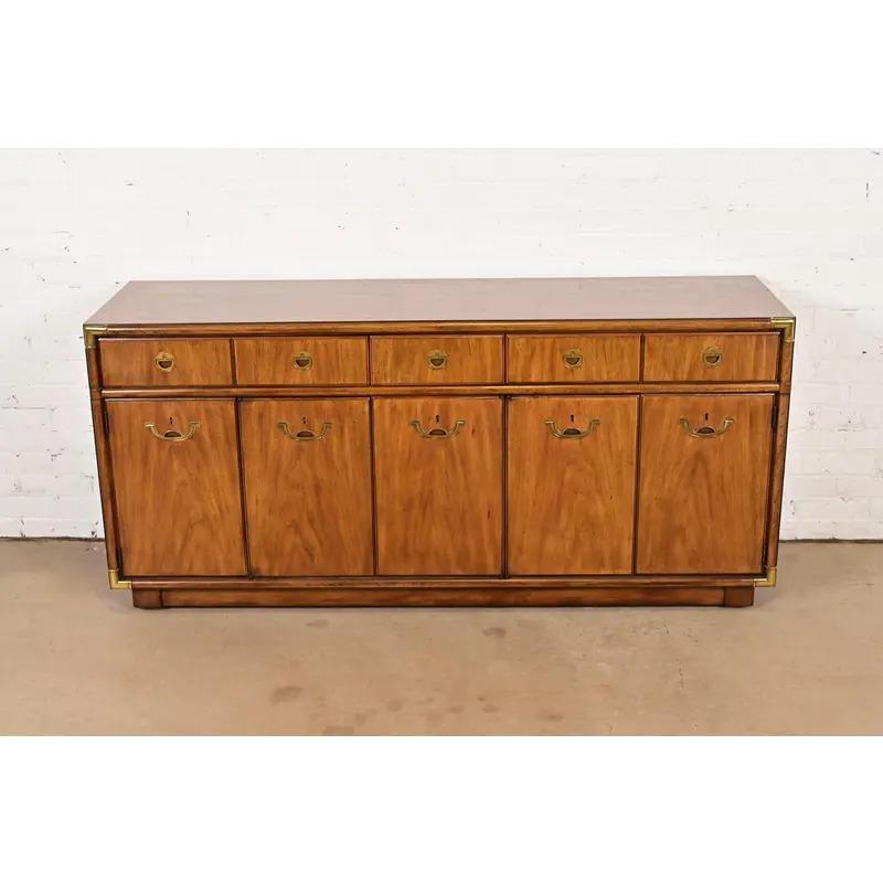 Campaign Drexel Heritage Hollywood Regency Walnut Sideboard Credenza, Circa 1970s For Sale