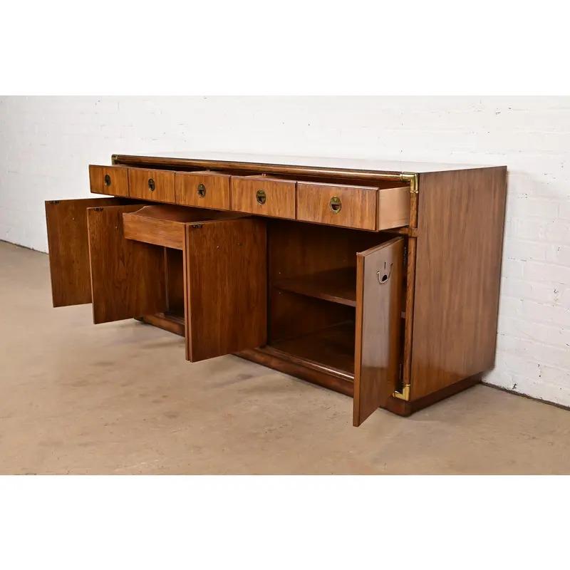 Brass Drexel Heritage Hollywood Regency Walnut Sideboard Credenza, Circa 1970s For Sale