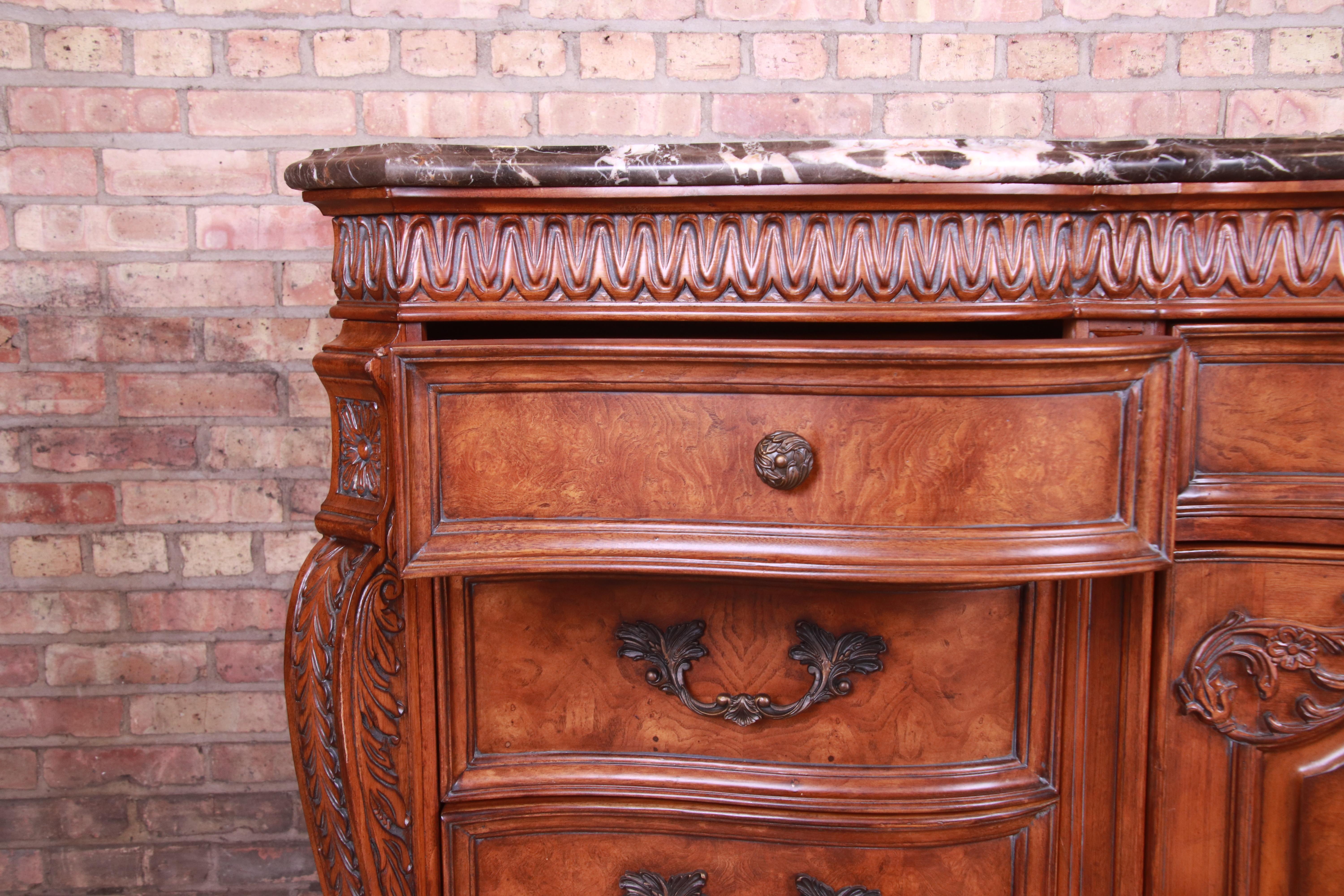 Brass Drexel Heritage Italian Provincial Burled Walnut Marble-Top Dresser or Sideboard